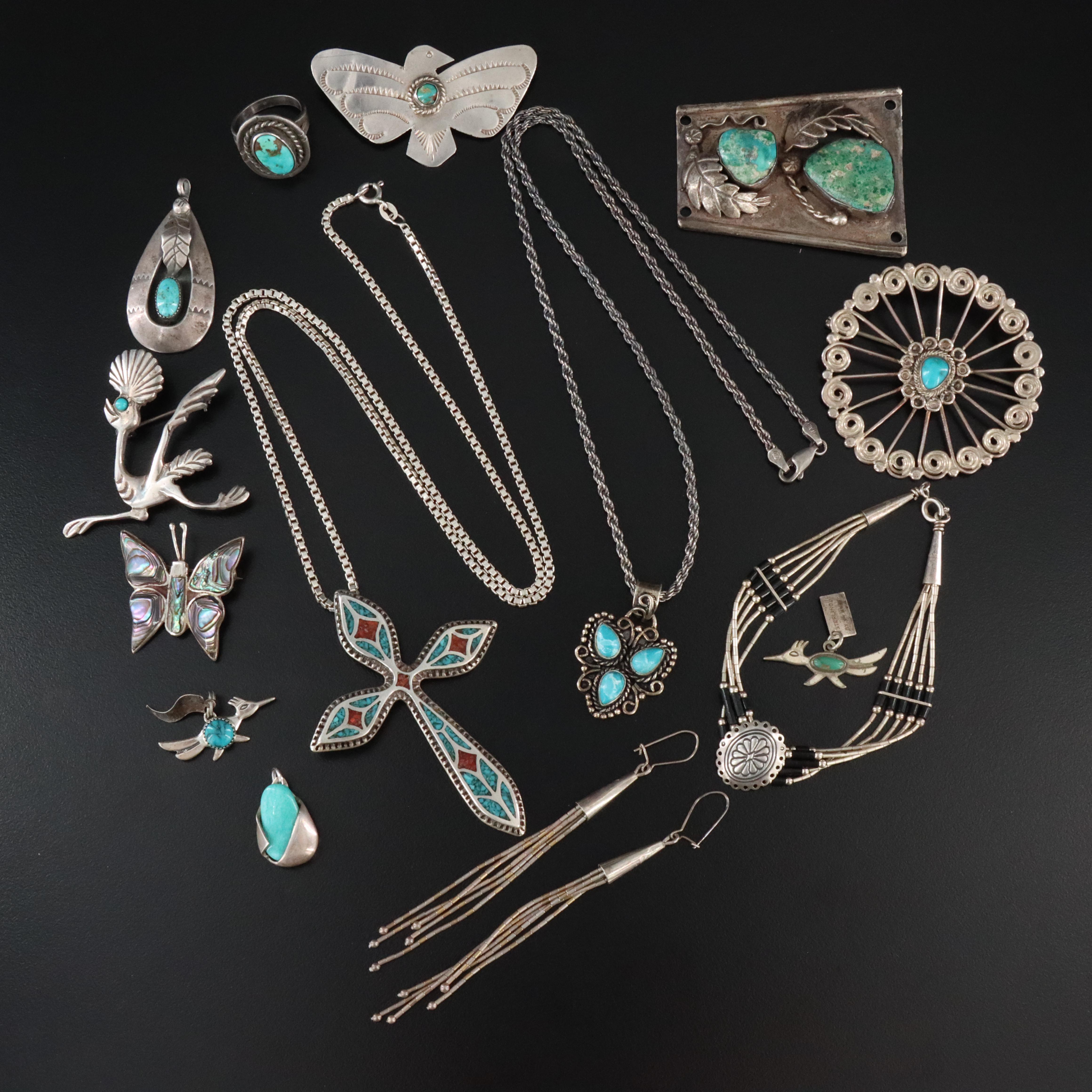 Western and Mexican Sterling Jewelry Collection Including Turquoise and Abalone