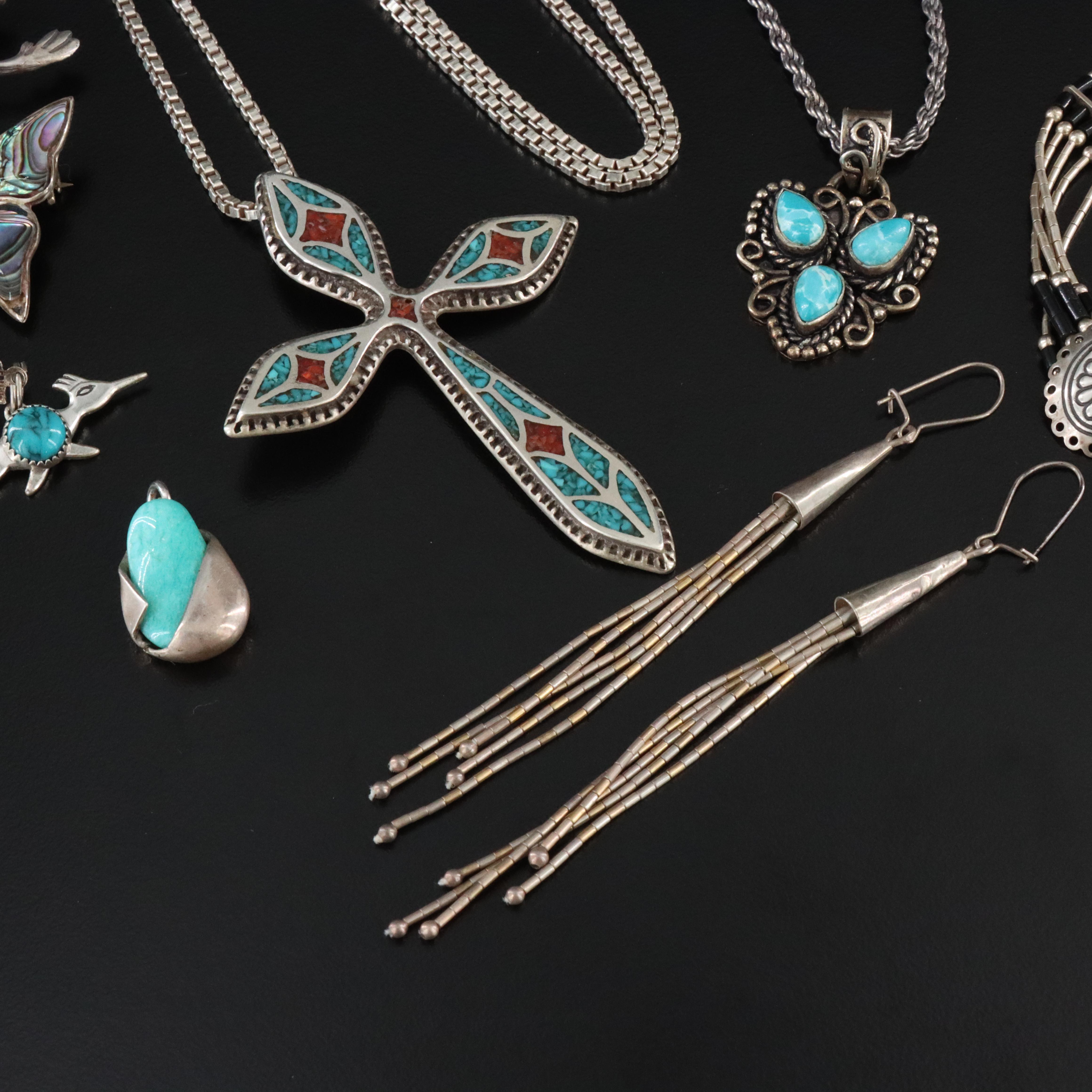 Western and Mexican Sterling Jewelry Collection Including Turquoise and Abalone