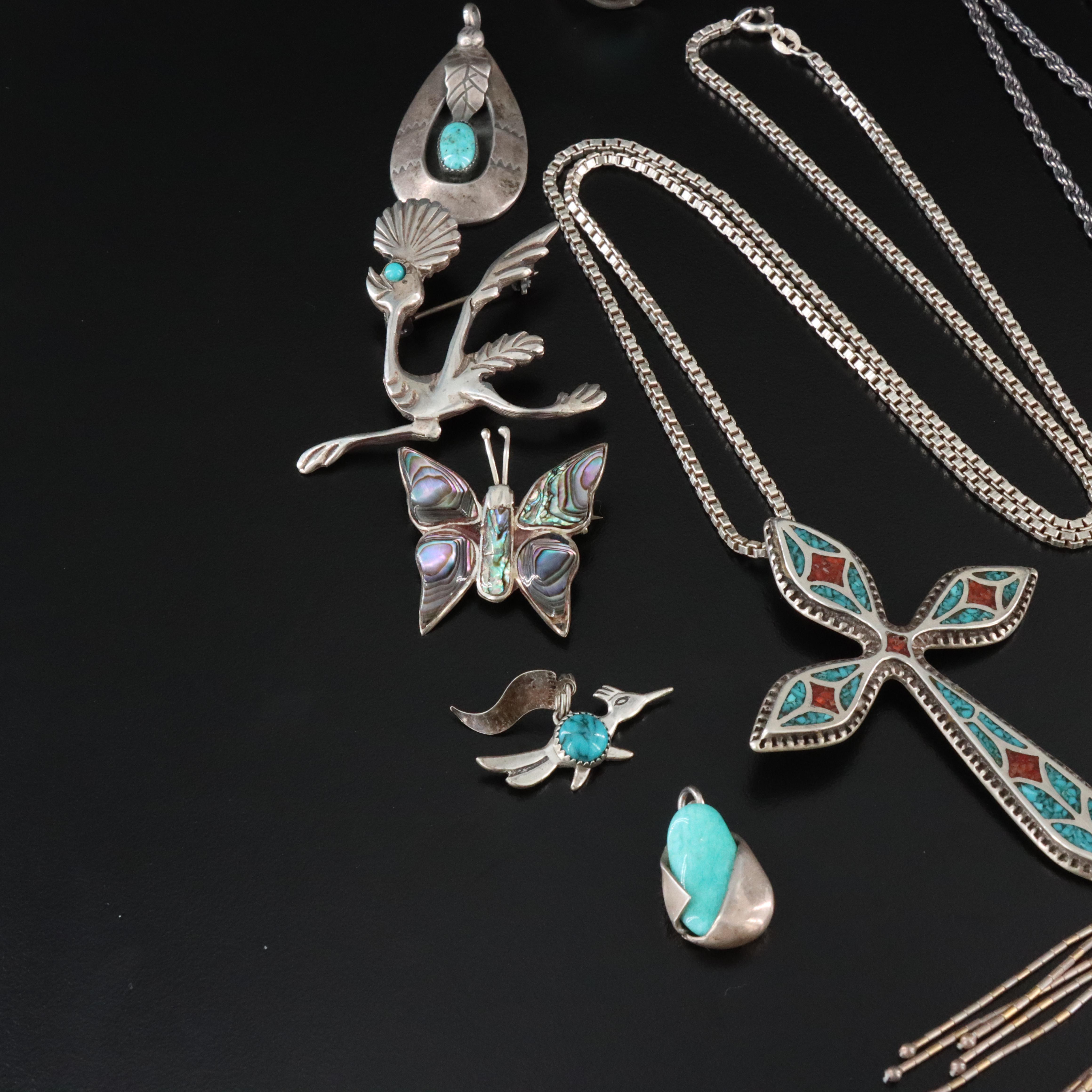 Western and Mexican Sterling Jewelry Collection Including Turquoise and Abalone