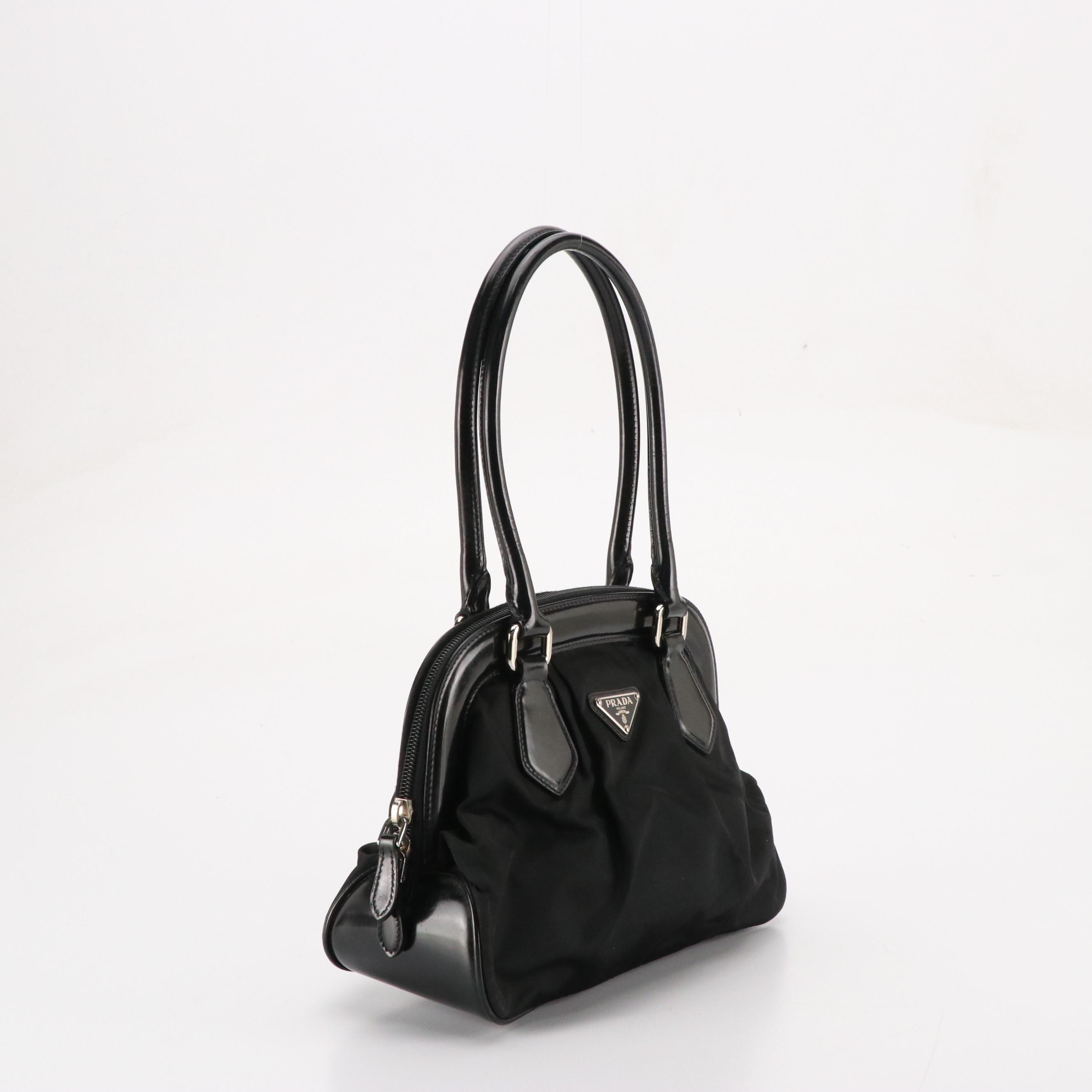 Prada Black Pleated Tessuto Nylon and Glazed Leather Tote