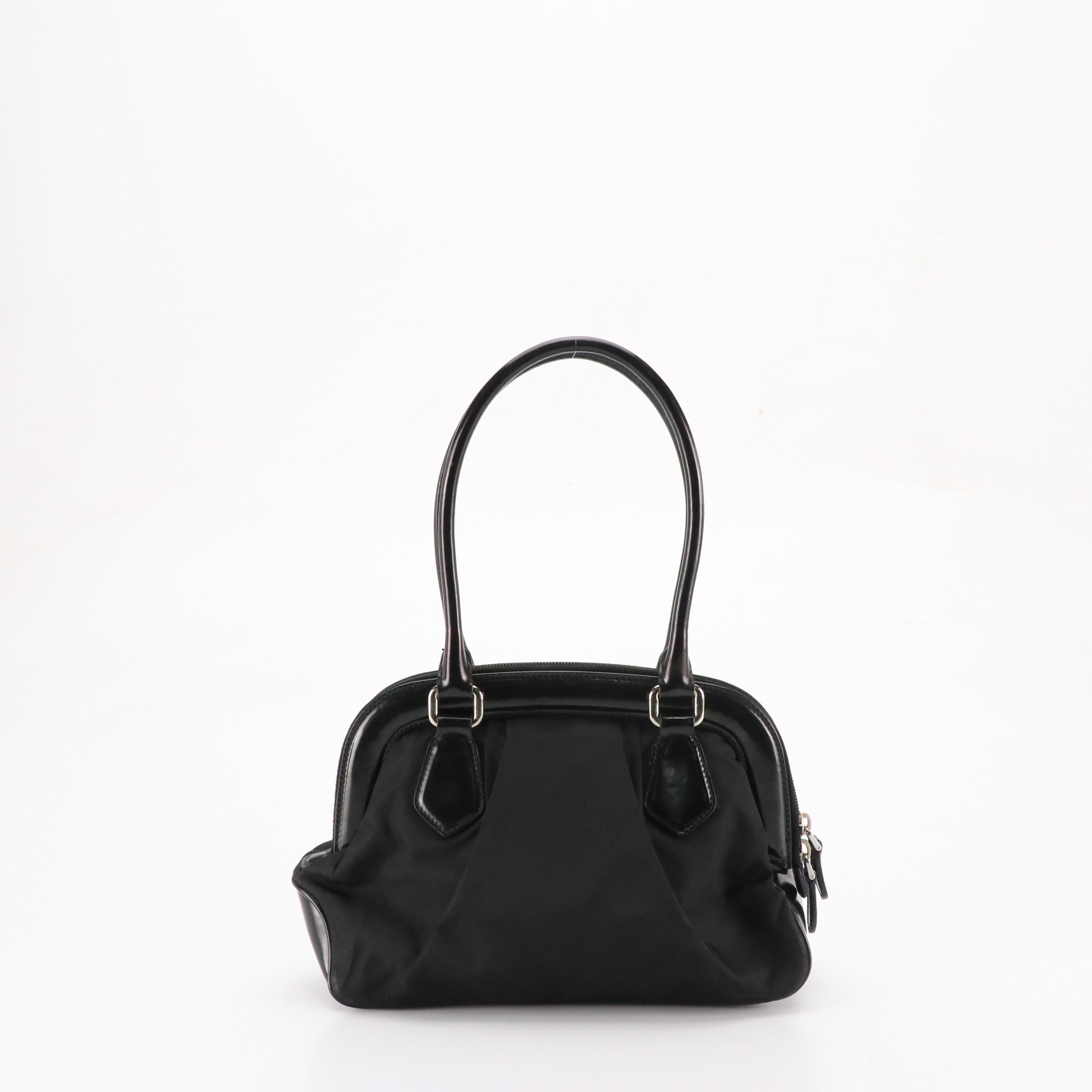 Prada Black Pleated Tessuto Nylon and Glazed Leather Tote