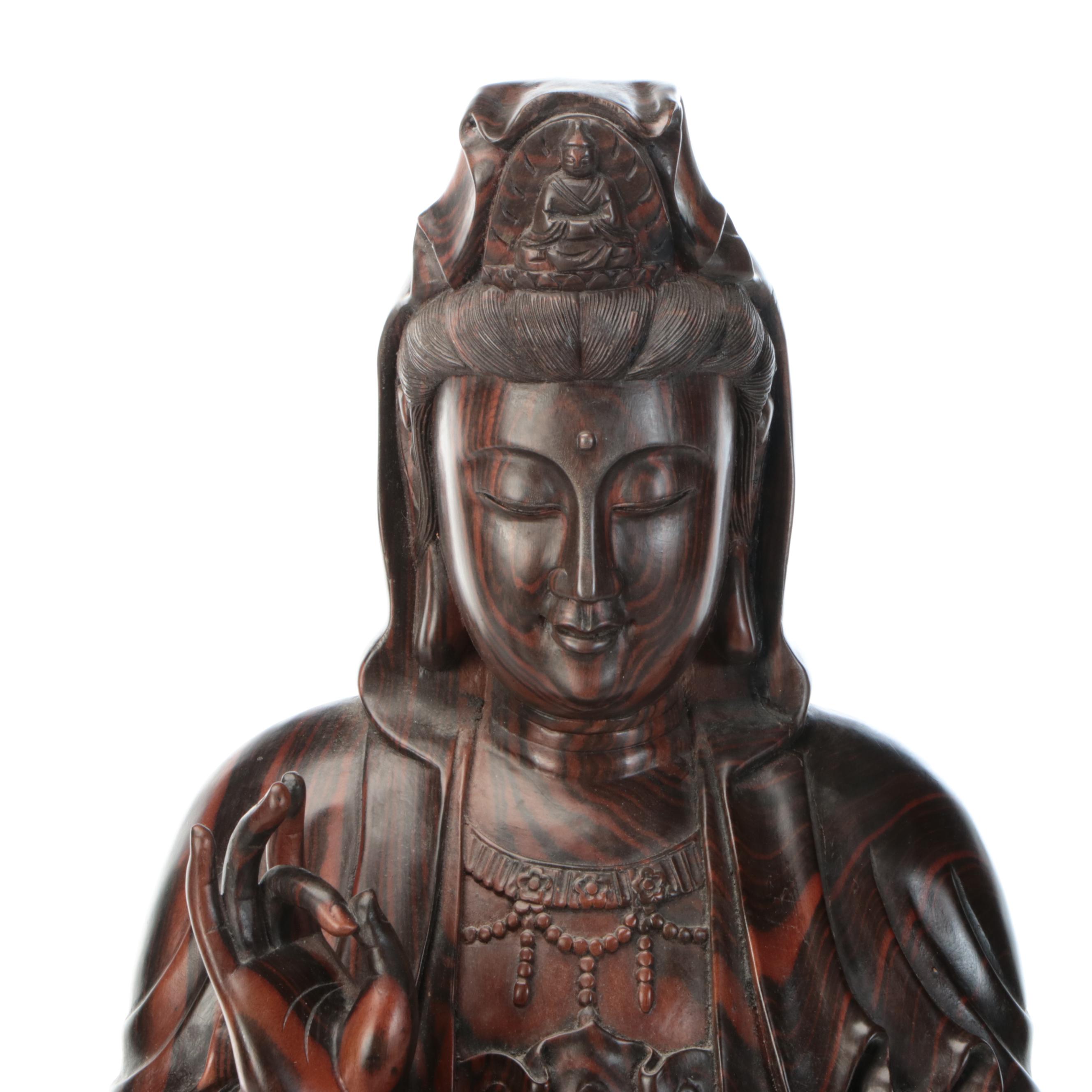 Southeast Asian Carved Rosewood Guanyin Bodhisattva Figure