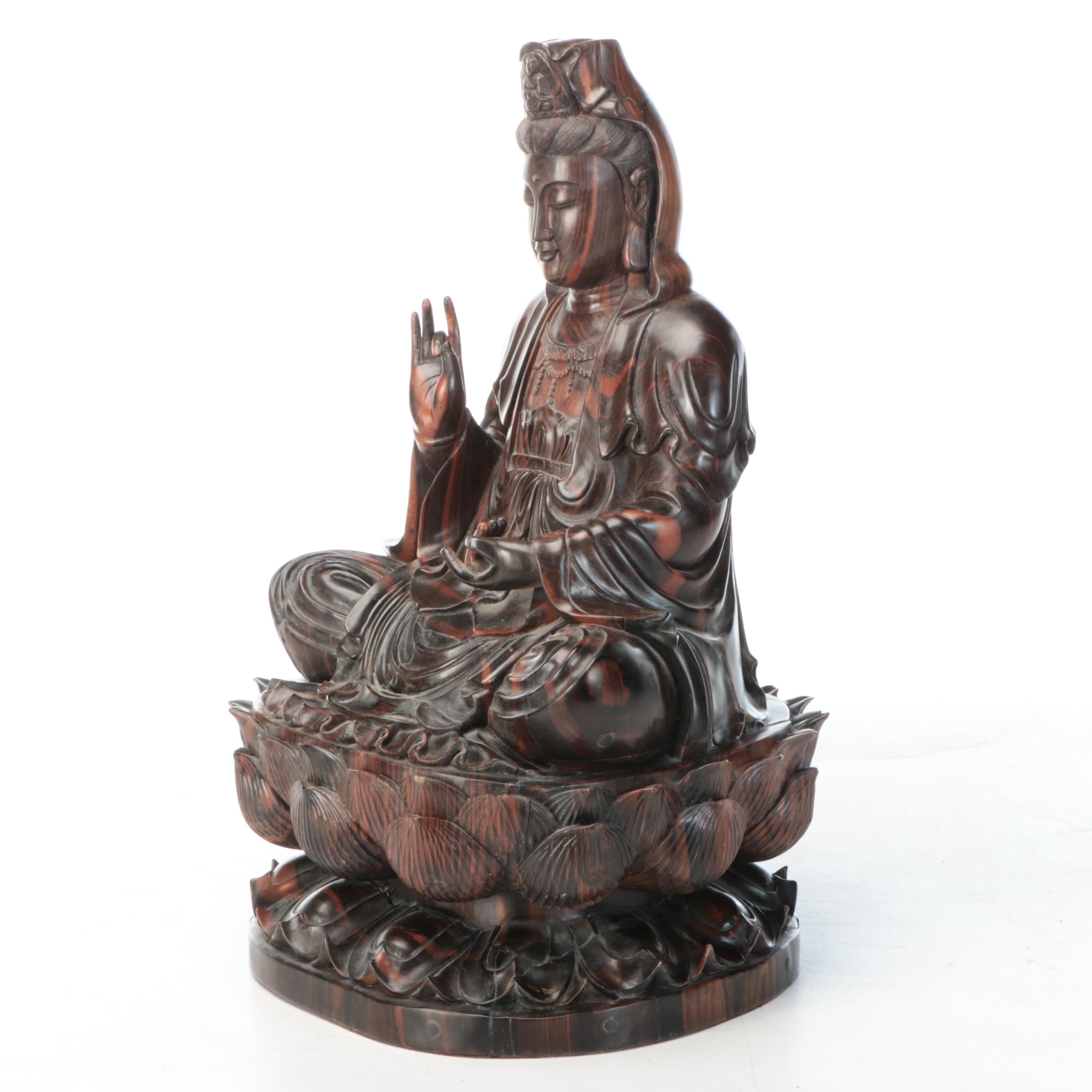 Southeast Asian Carved Rosewood Guanyin Bodhisattva Figure
