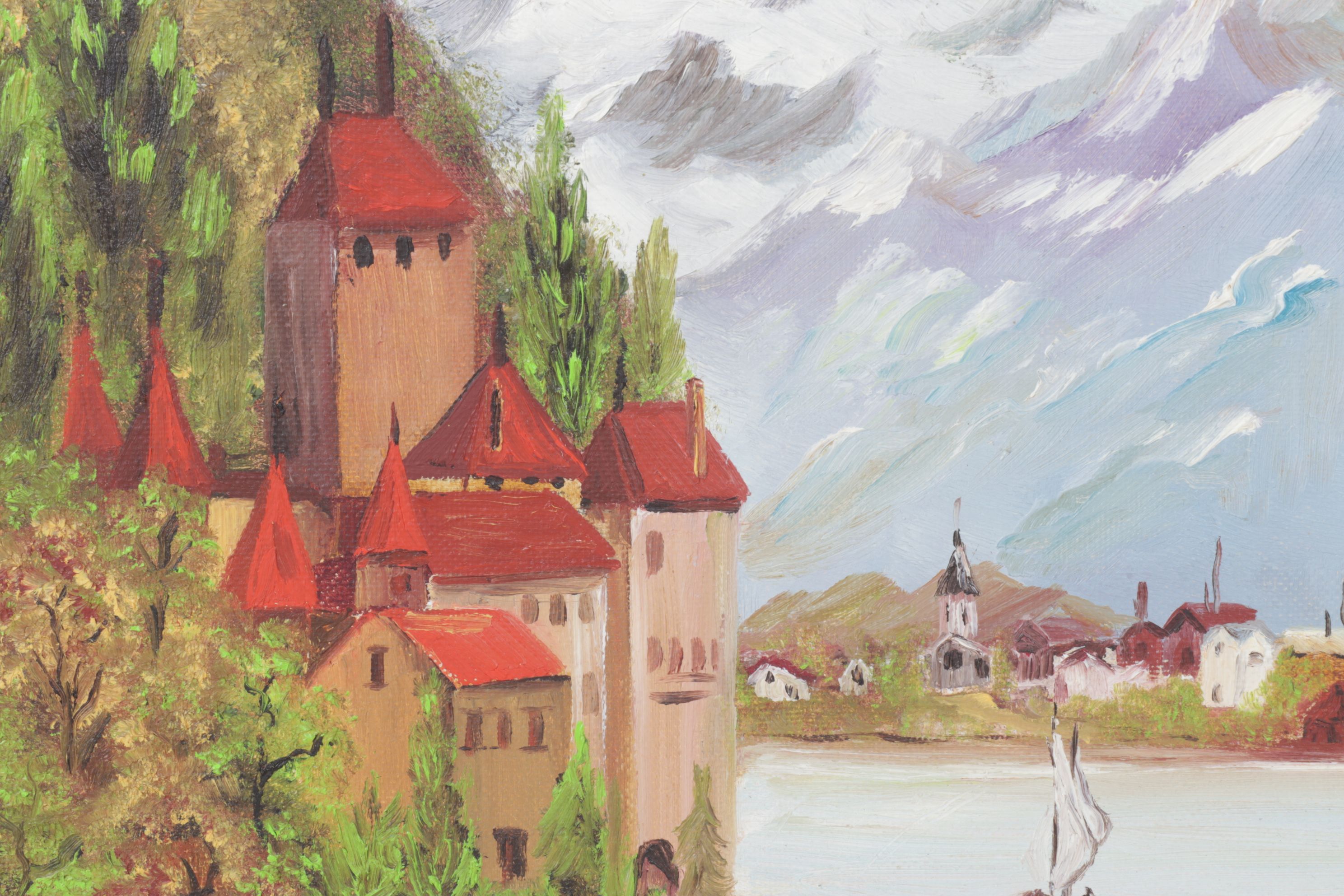 A. Harrison Impressionist Oil Painting of Chateau de Chillon, Early 20th Century