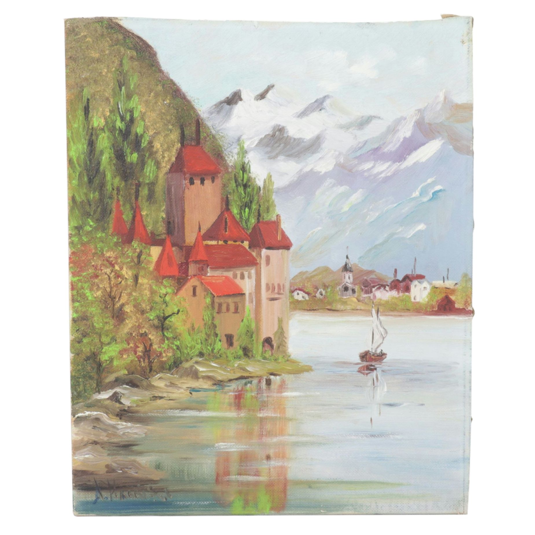 A. Harrison Impressionist Oil Painting of Chateau de Chillon, Early 20th Century