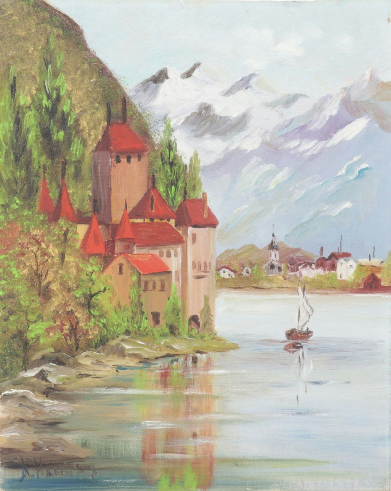 A. Harrison Impressionist Oil Painting of Chateau de Chillon, Early 20th Century