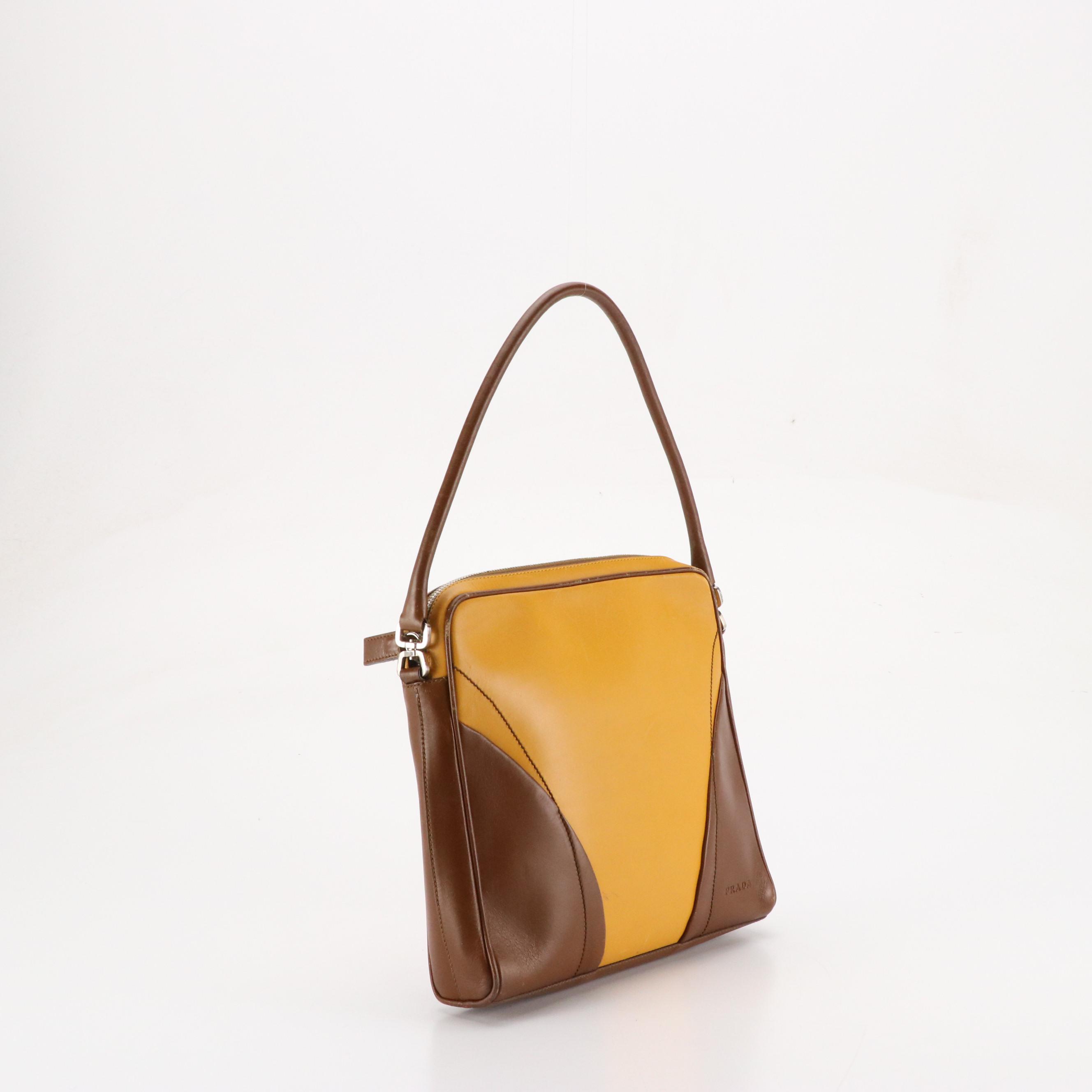 Prada Zippered Shoulder Bag in Mocha Brown and Sunflower Yellow Calfskin Leather