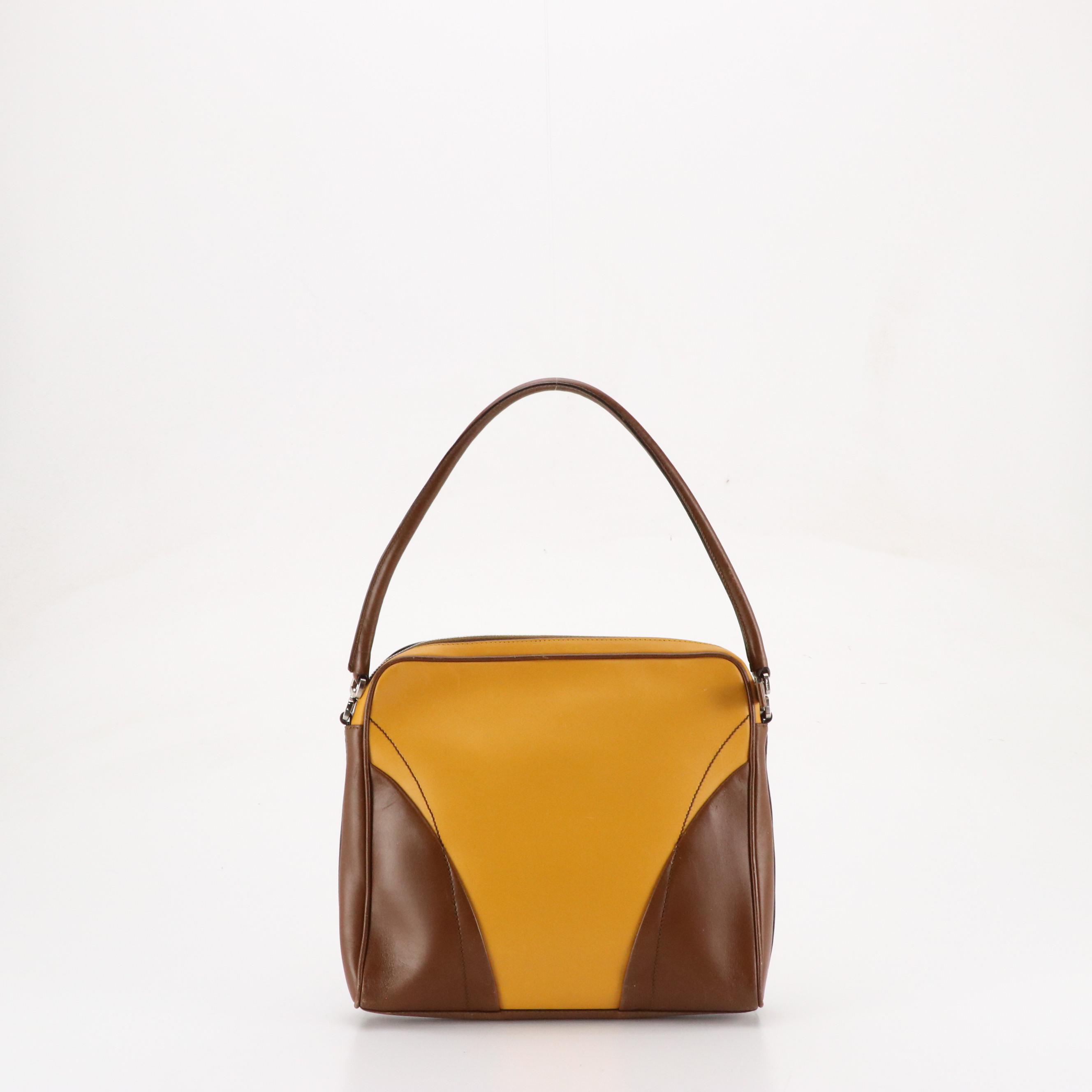 Prada Zippered Shoulder Bag in Mocha Brown and Sunflower Yellow Calfskin Leather