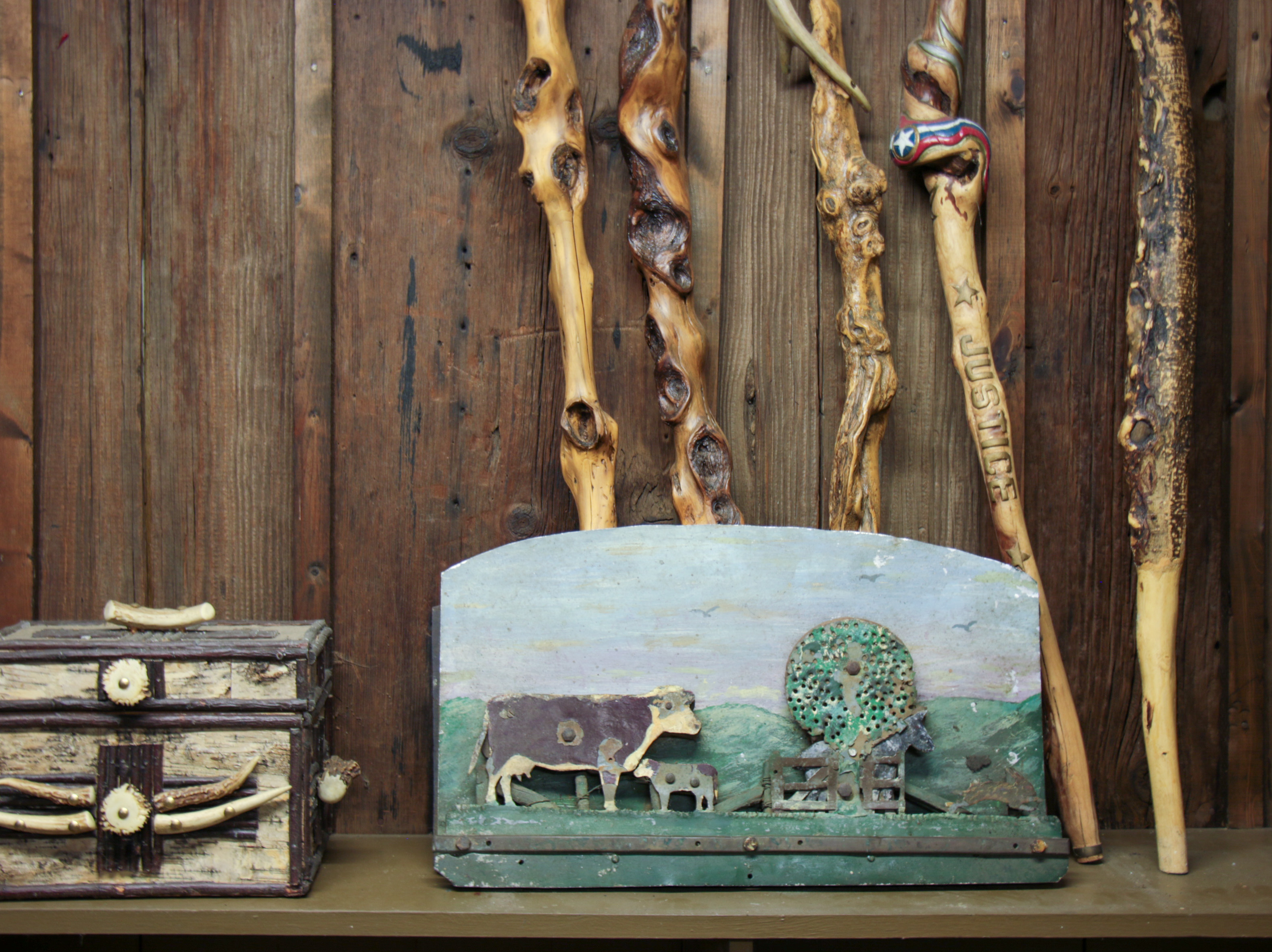 Folk Art Farm Scene with Livestock Rustic Metal Wall Hanging, 20th Century