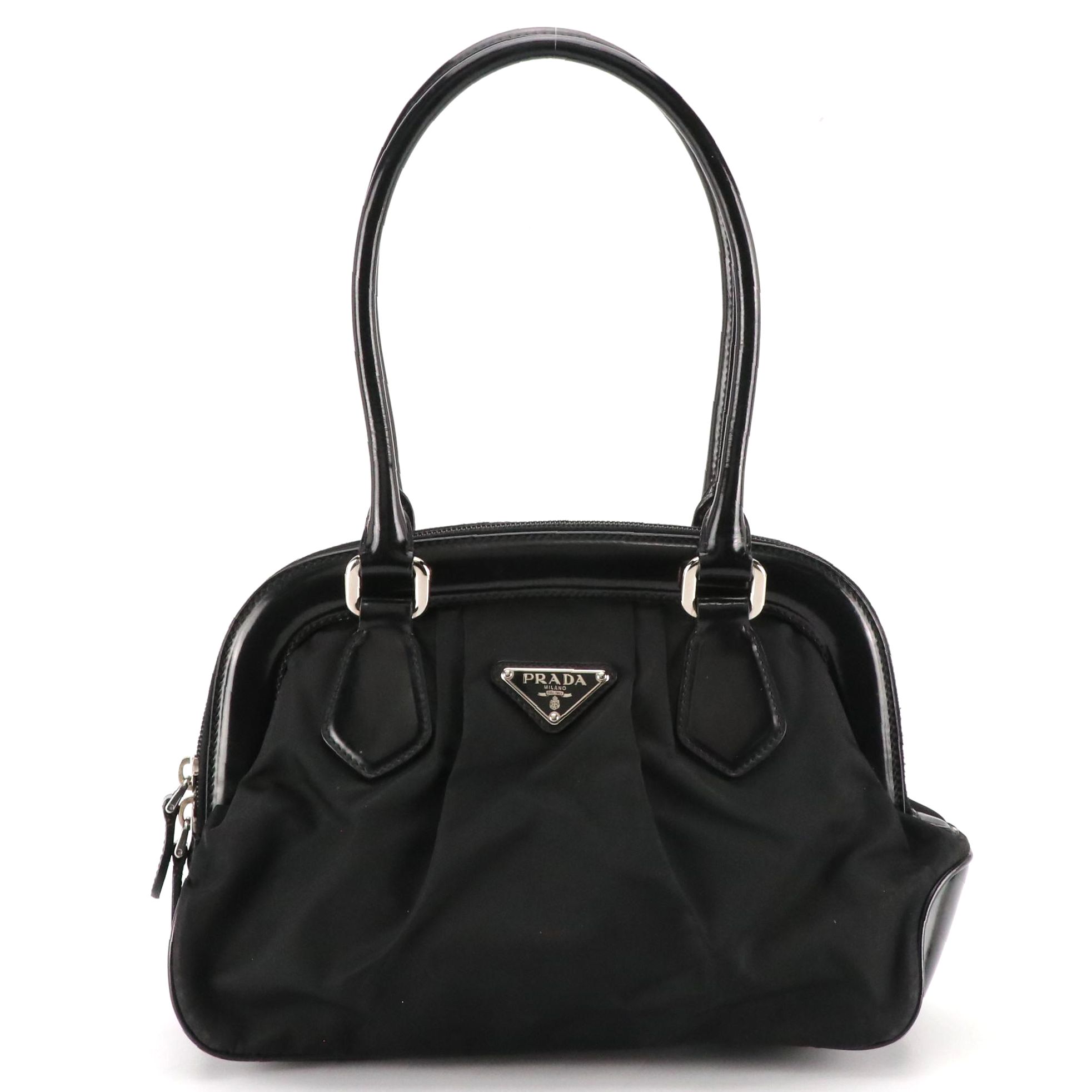 Prada Black Pleated Tessuto Nylon and Glazed Leather Tote