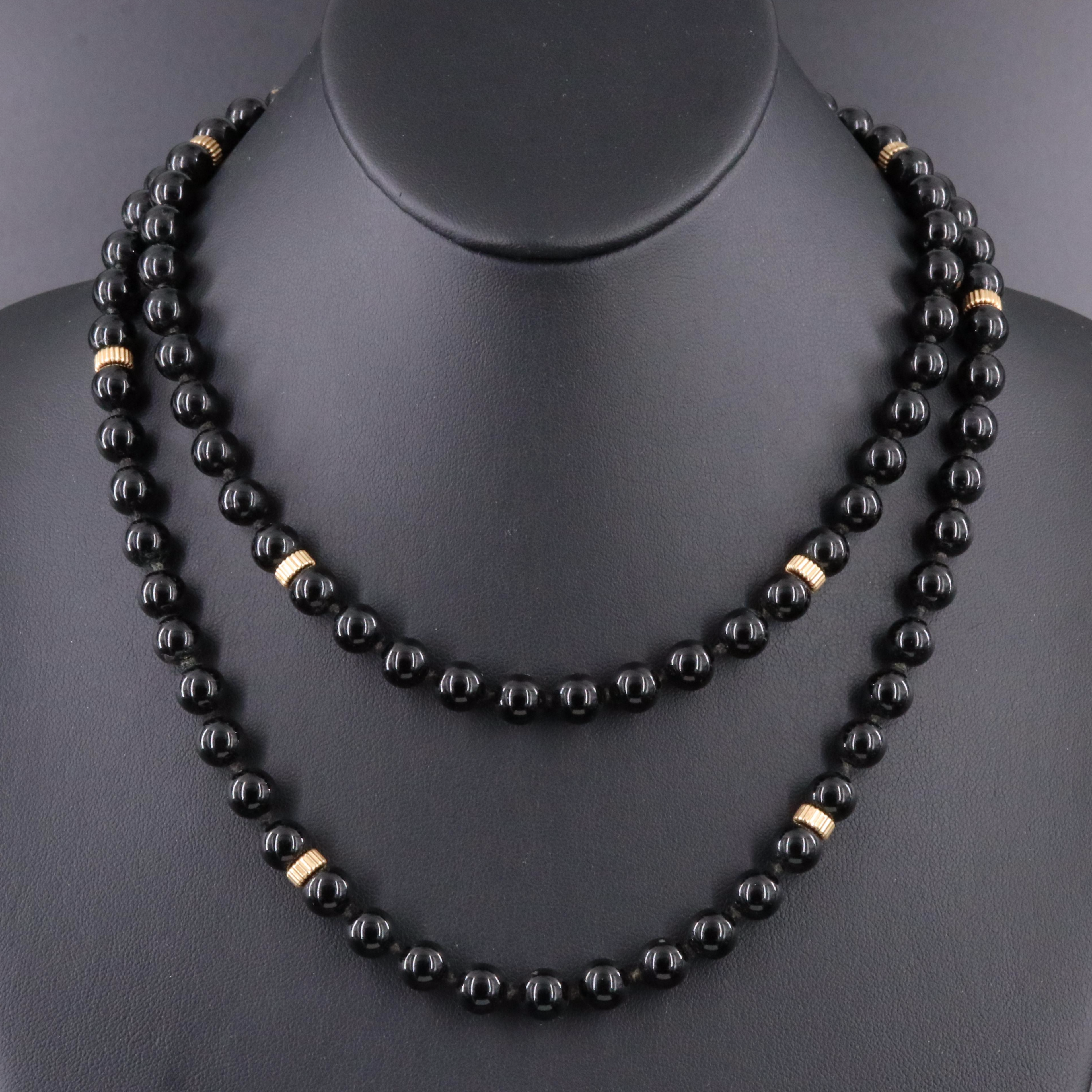 Black Onyx Necklace with 14K Fluted Bead Stations