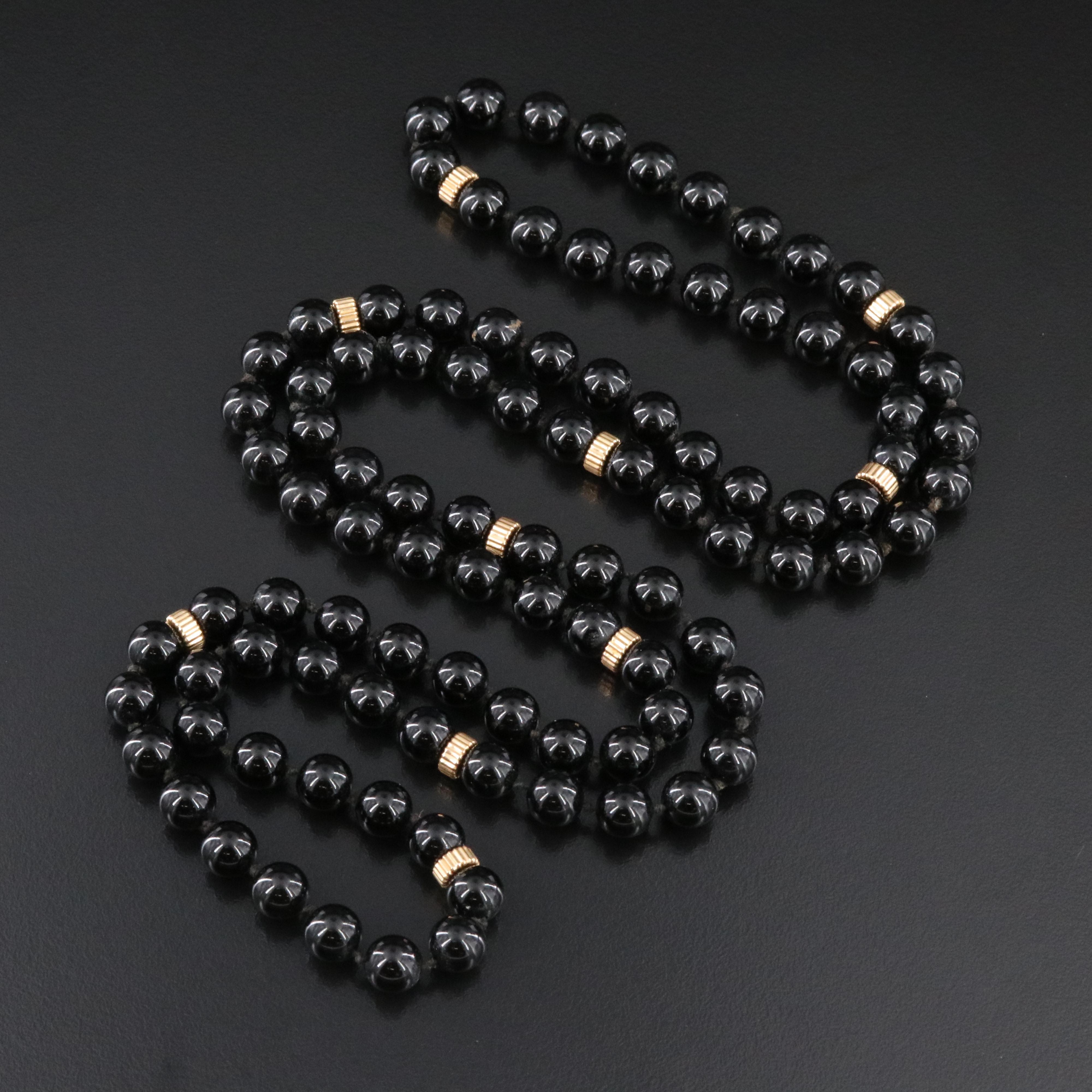 Black Onyx Necklace with 14K Fluted Bead Stations