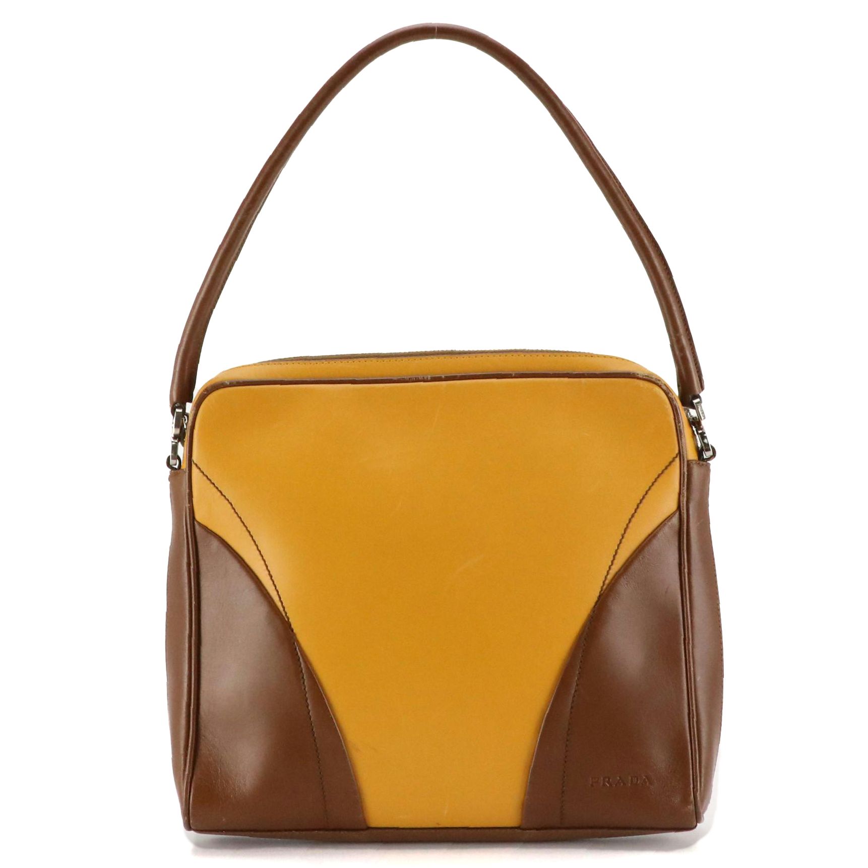 Prada Zippered Shoulder Bag in Mocha Brown and Sunflower Yellow Calfskin Leather