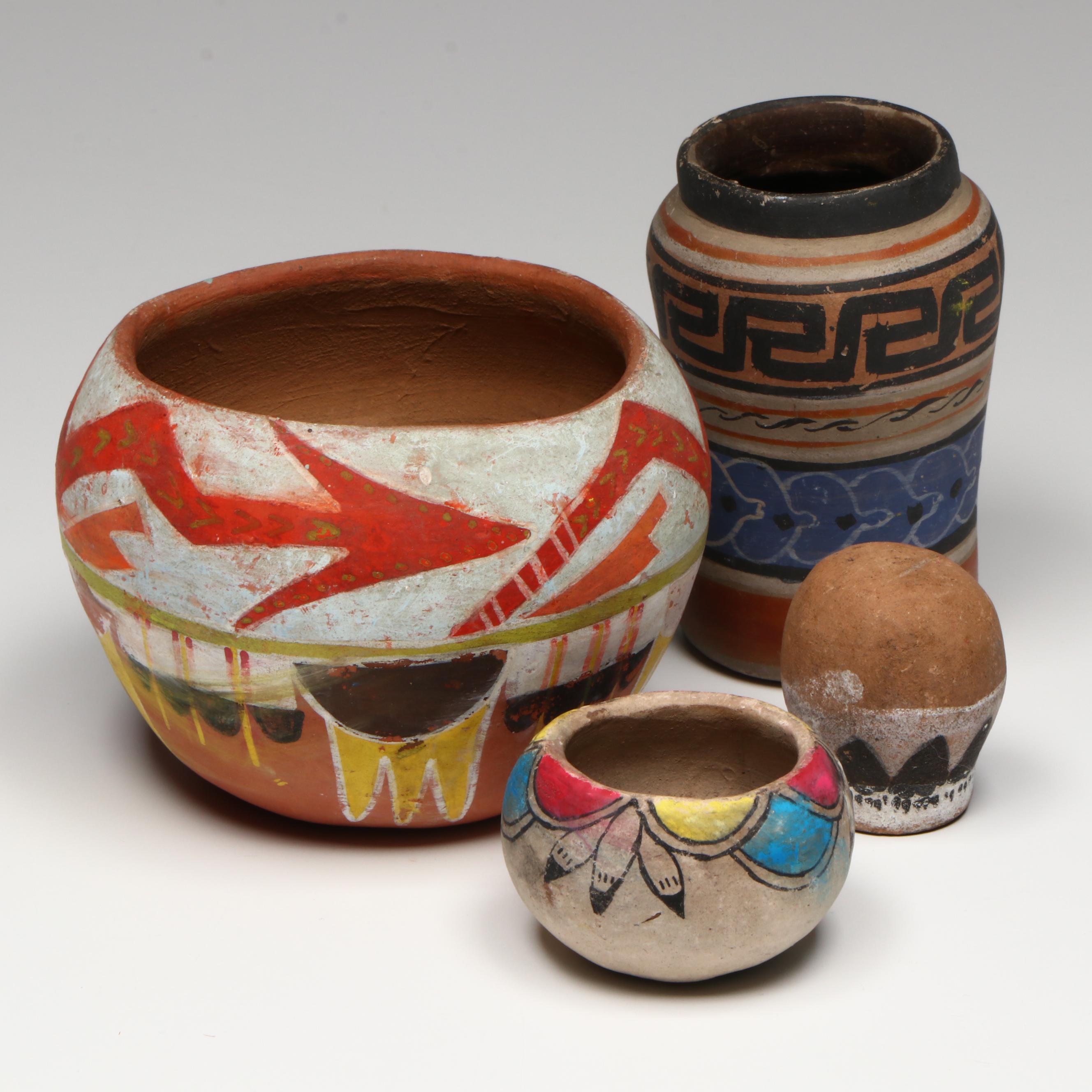 Southwestern Puebloan Poster Paint Ceramic Pots, Mid-20th Century
