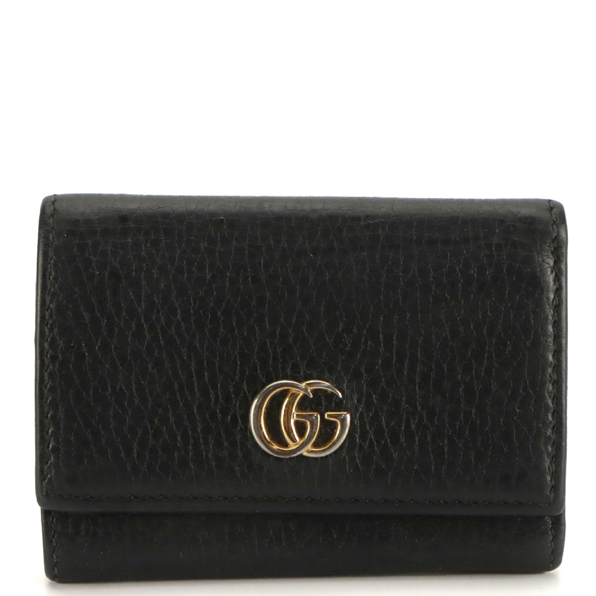 Gucci Marmont Mini Trifold Compact Wallet in Black Grained Calfskin Leather