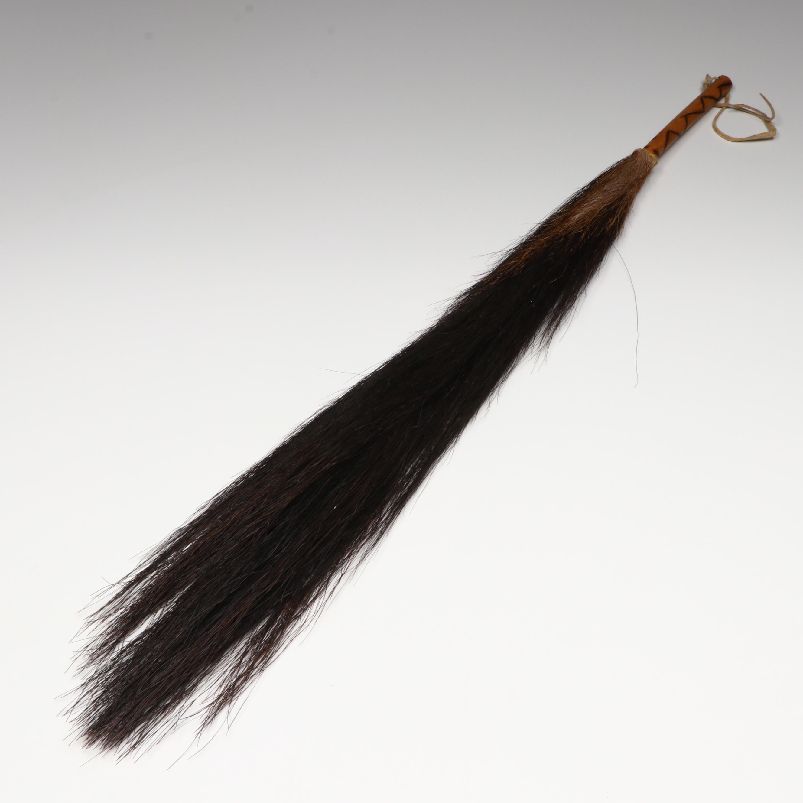 African Fly Whisk with Carved Wood Handle