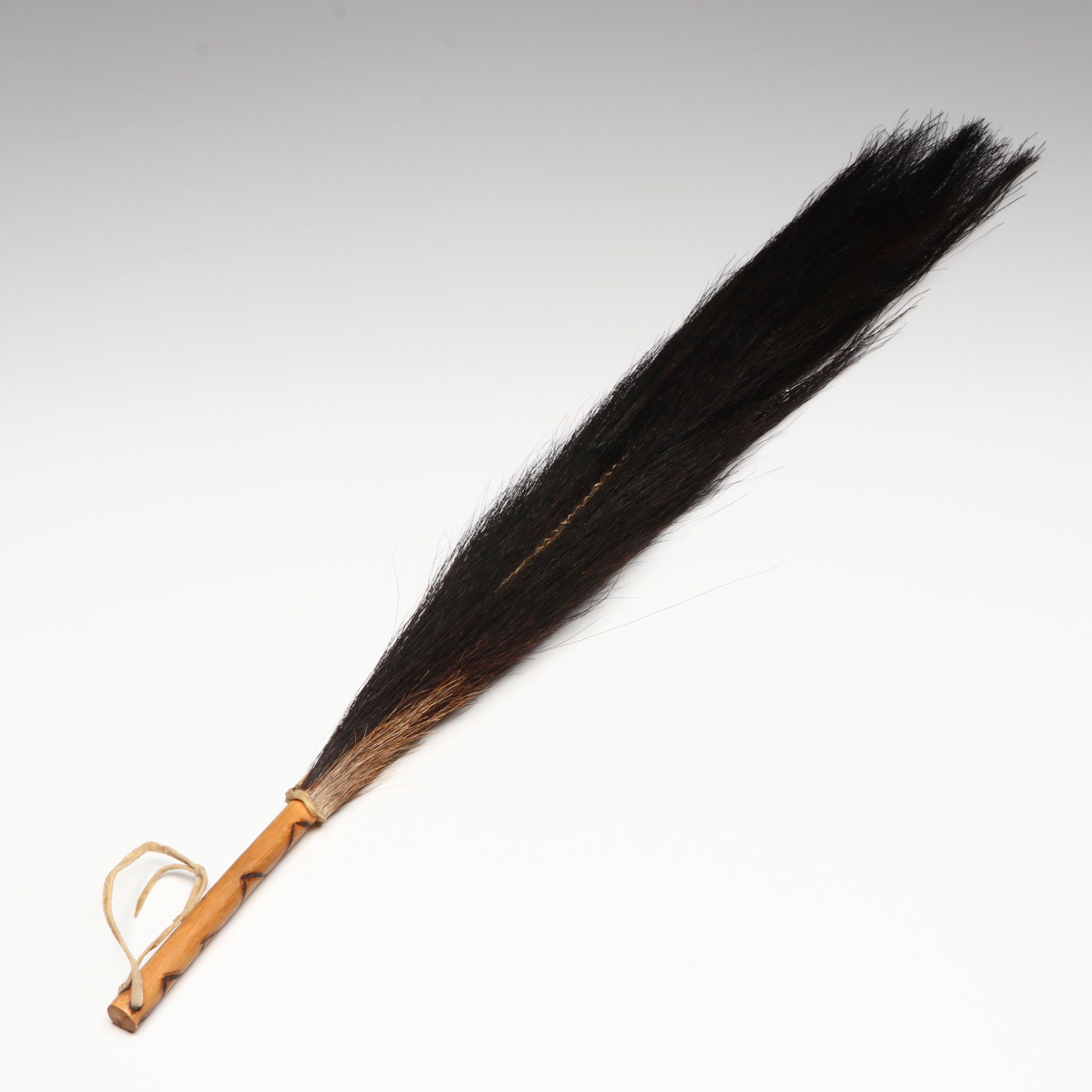 African Fly Whisk with Carved Wood Handle