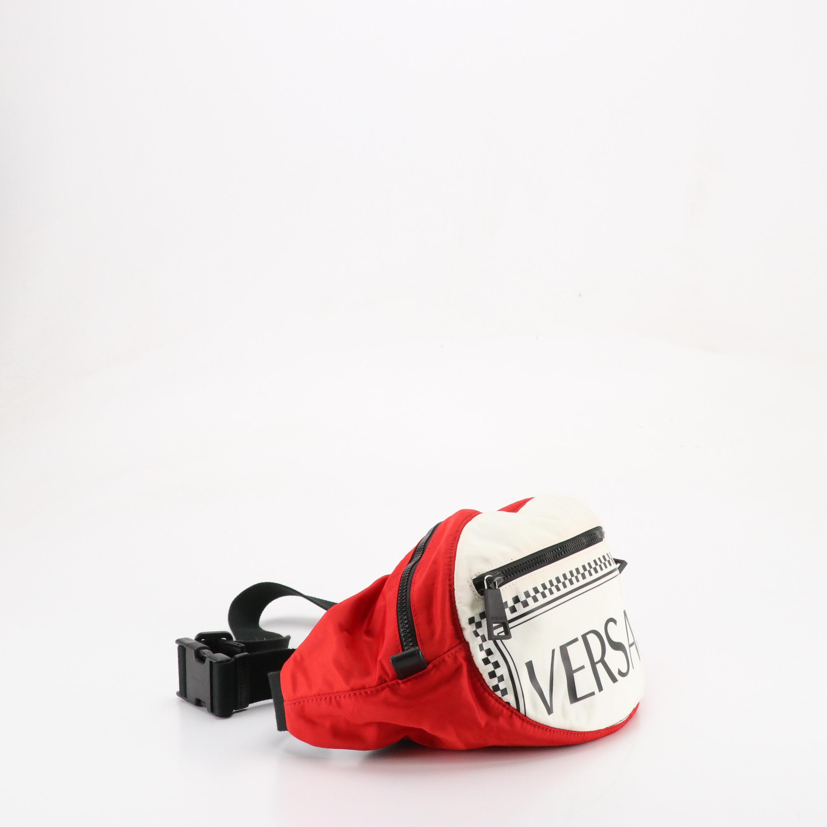 Versace Checkerboard Waist Bag in Red, Black & White Nylon
