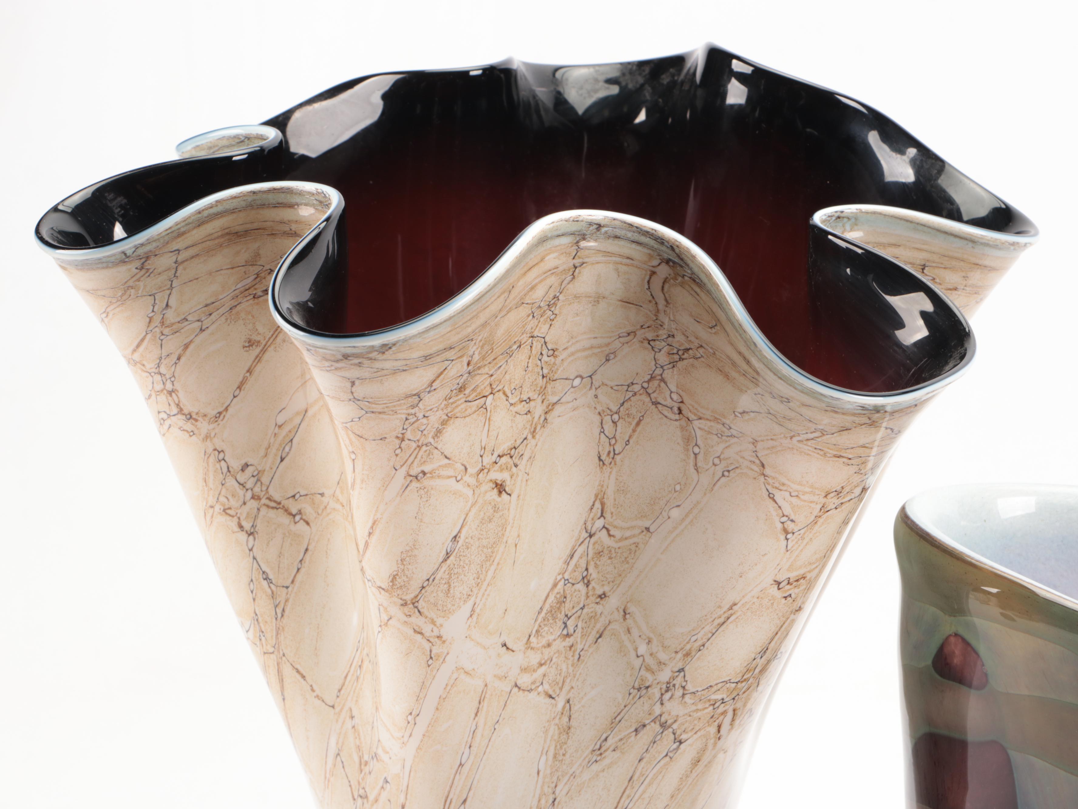 Sasaki Multicolor and Jozefina Krosno Handkerchief Studio Glass Vases