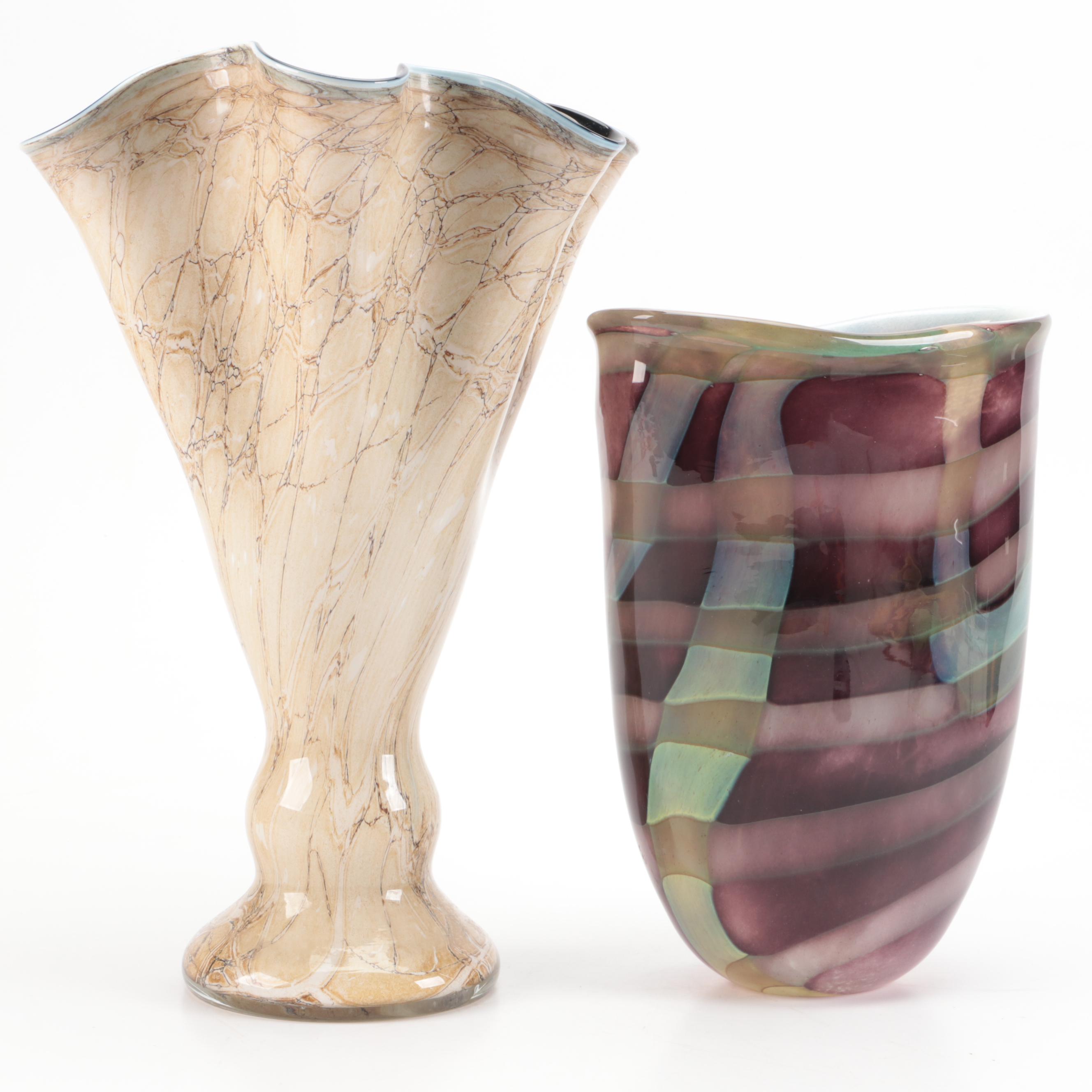 Sasaki Multicolor and Jozefina Krosno Handkerchief Studio Glass Vases