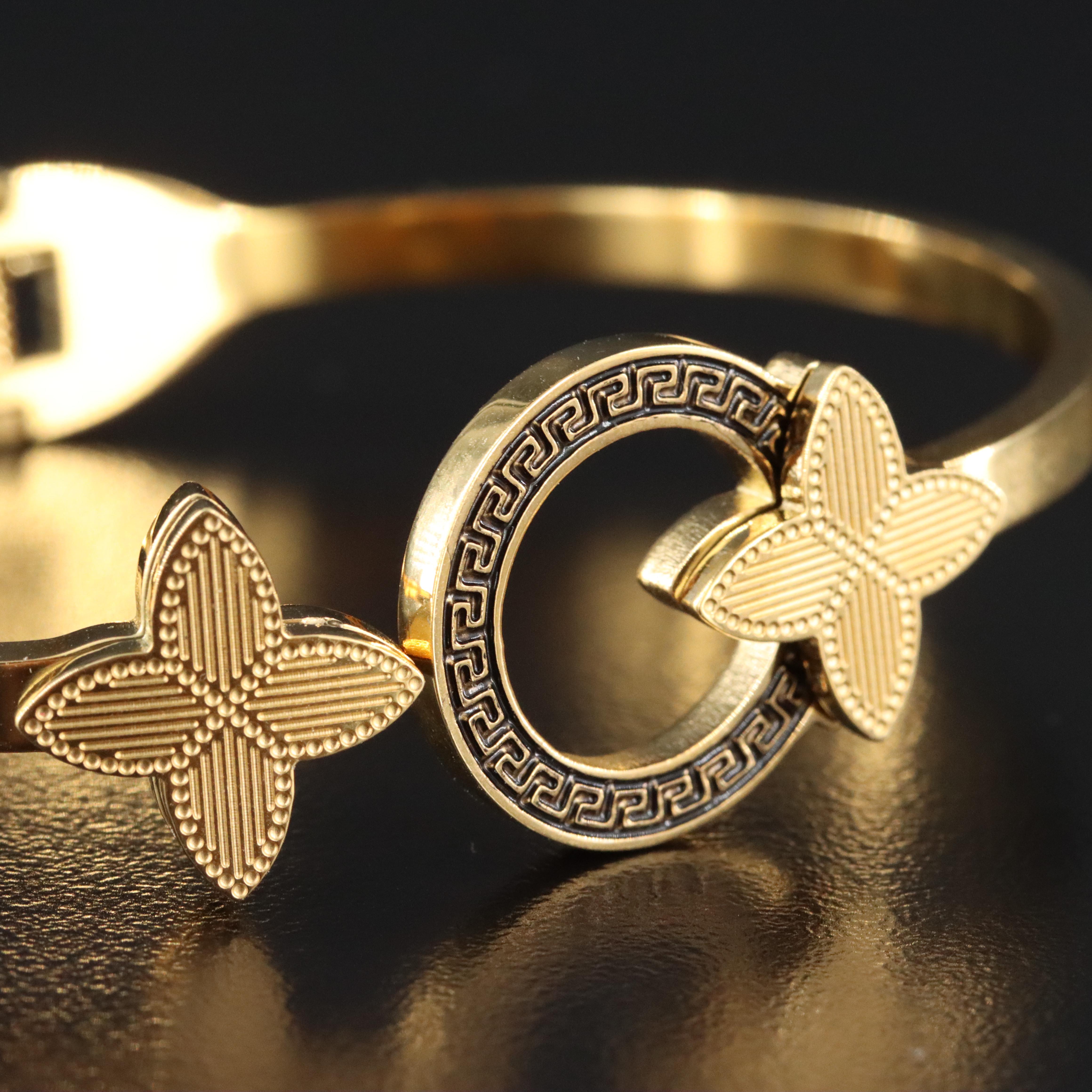 Hinged Bangle Bracelet with Greek Key Detail