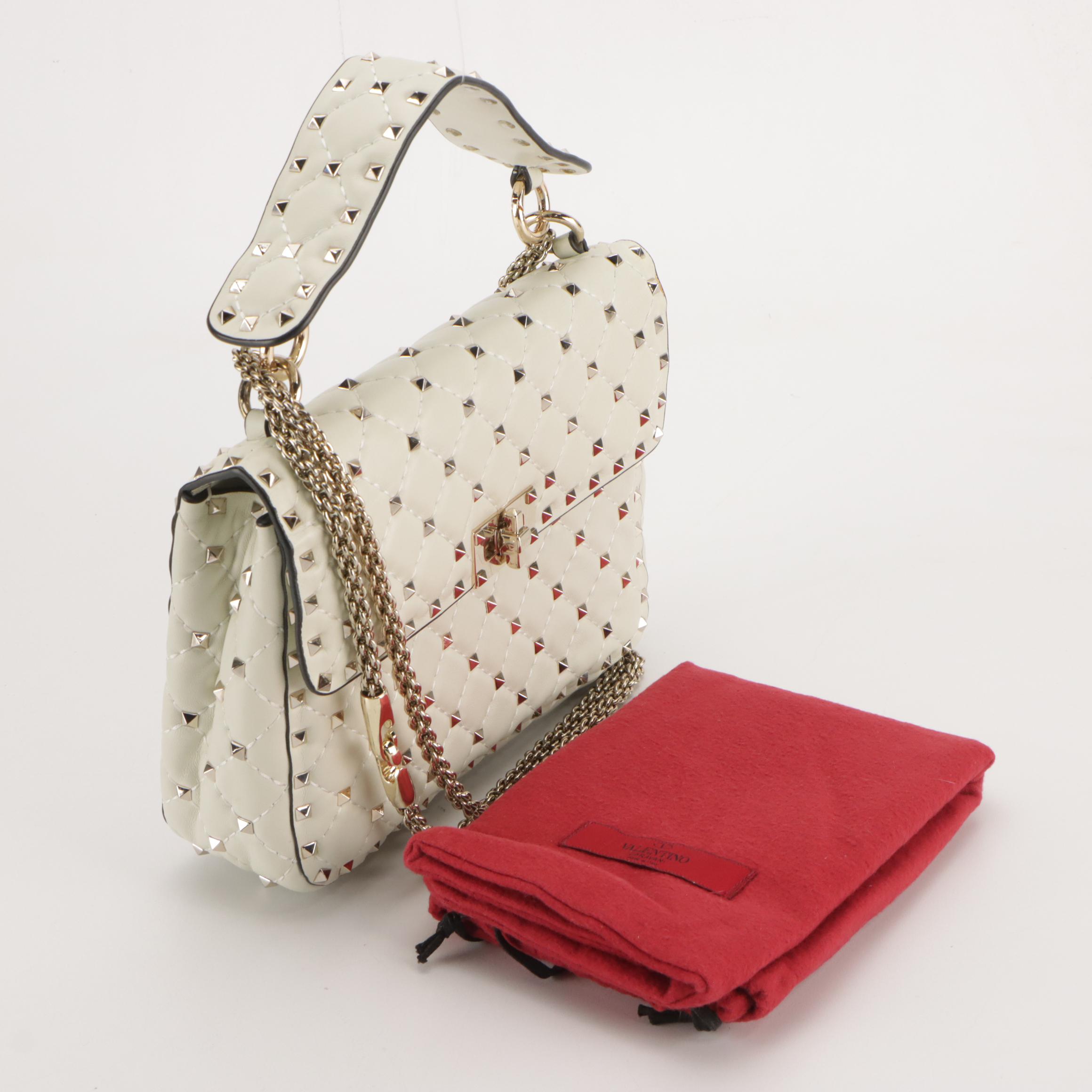 Valentino Garavani White Diamond Stitched Rockstud Spike Calfskin Two-Way Bag