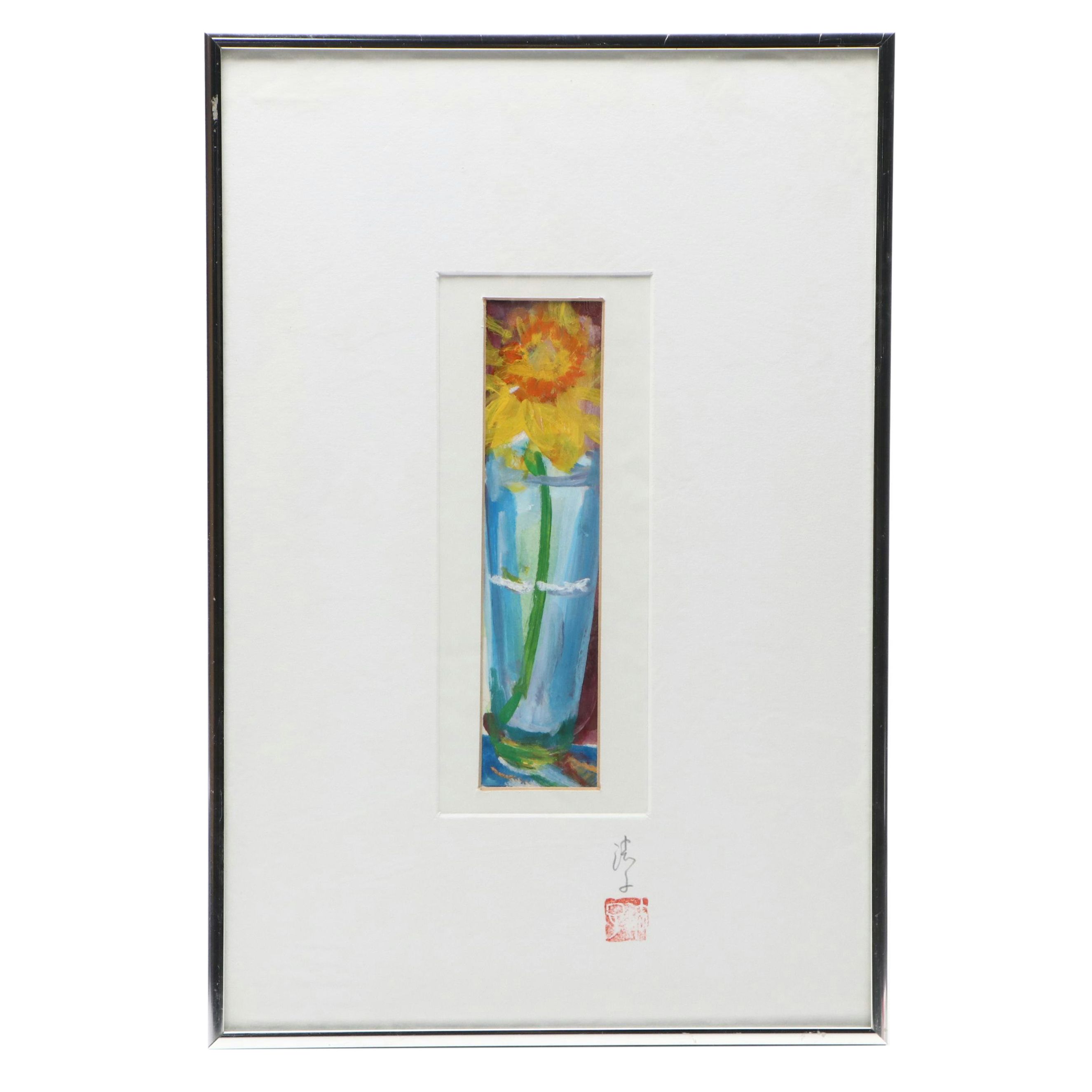 Floral Still Life Gouache Painting, 21st Century