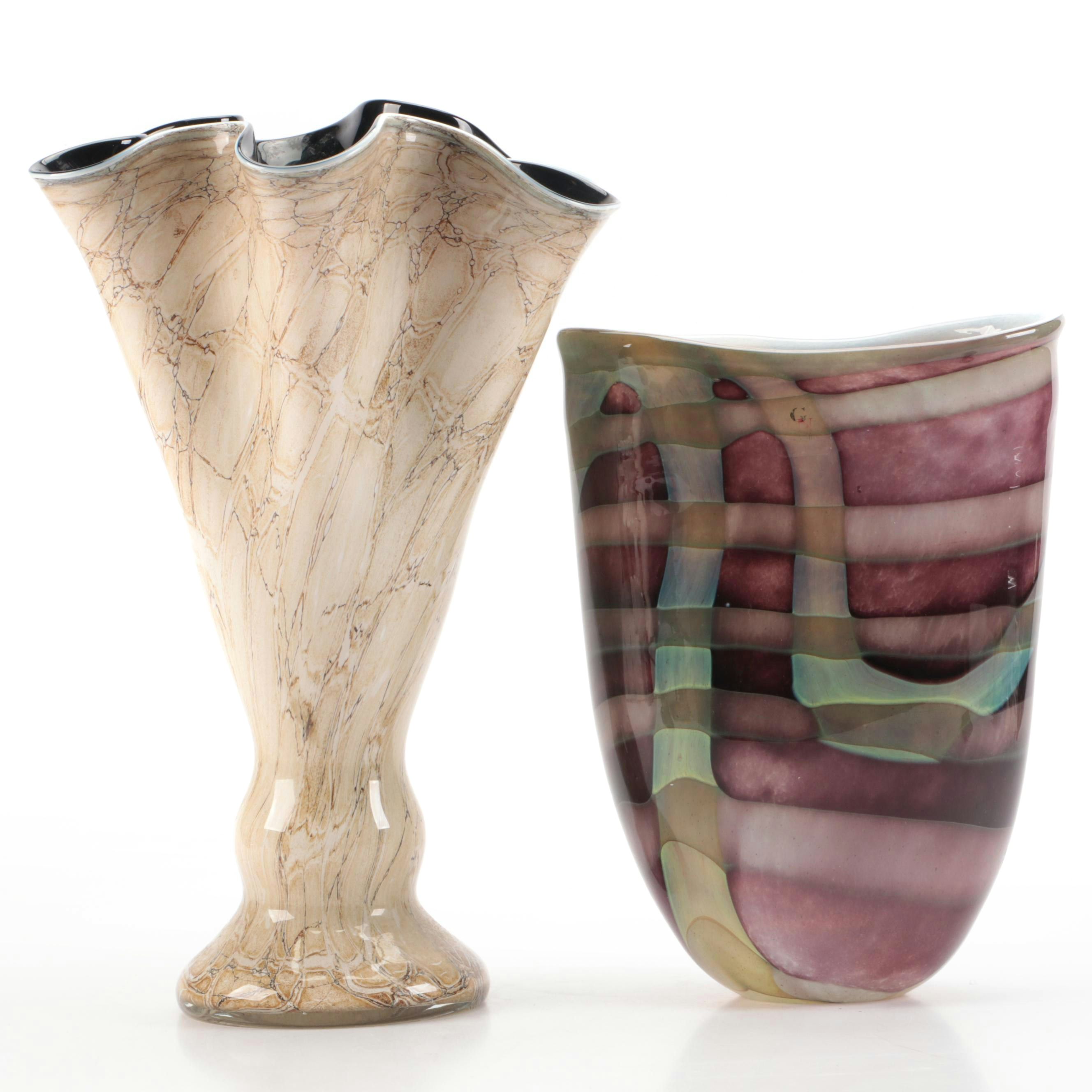 Sasaki Multicolor and Jozefina Krosno Handkerchief Studio Glass Vases