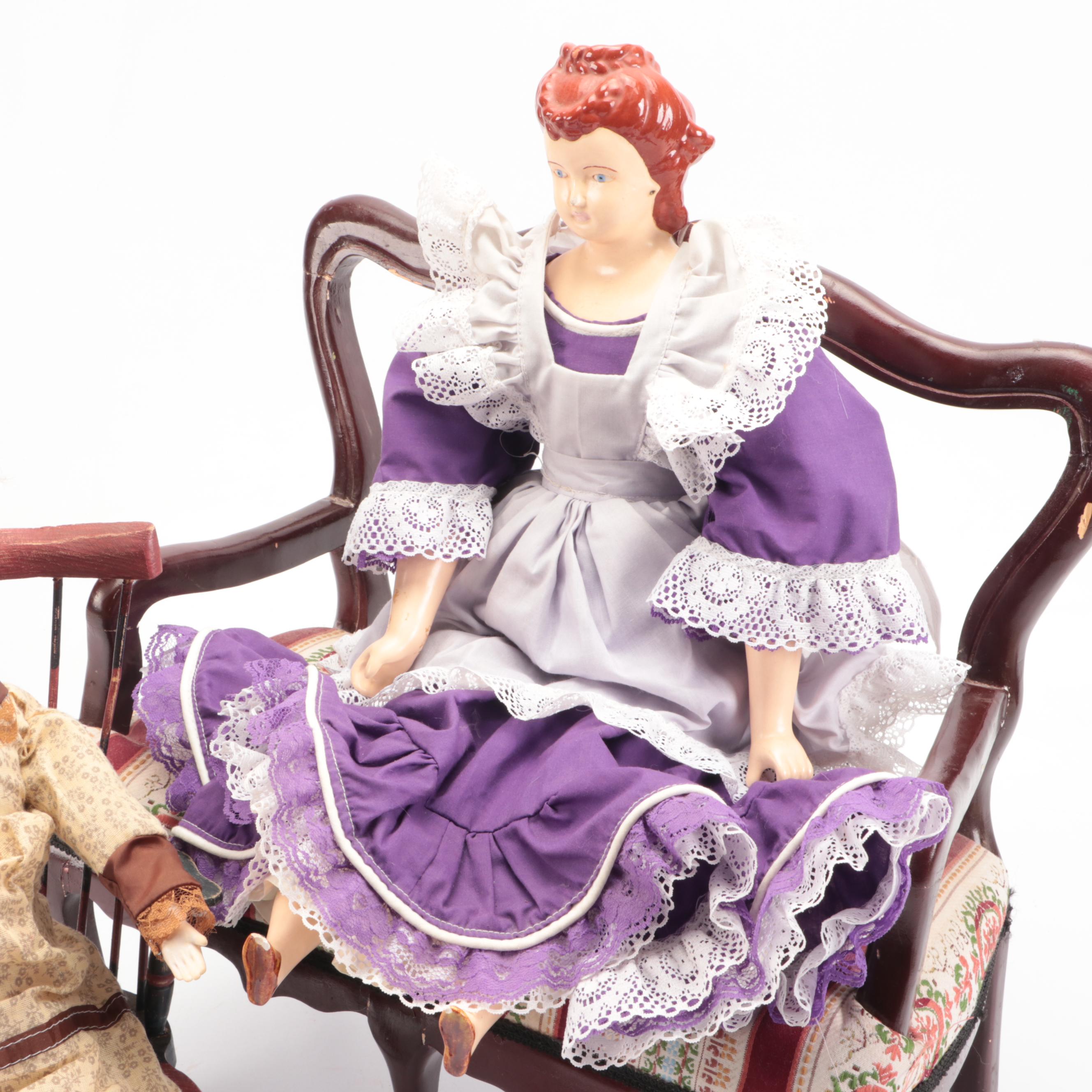 Vintage Walda Porcelain with Other Ceramic Dolls and Wooden Doll Furniture