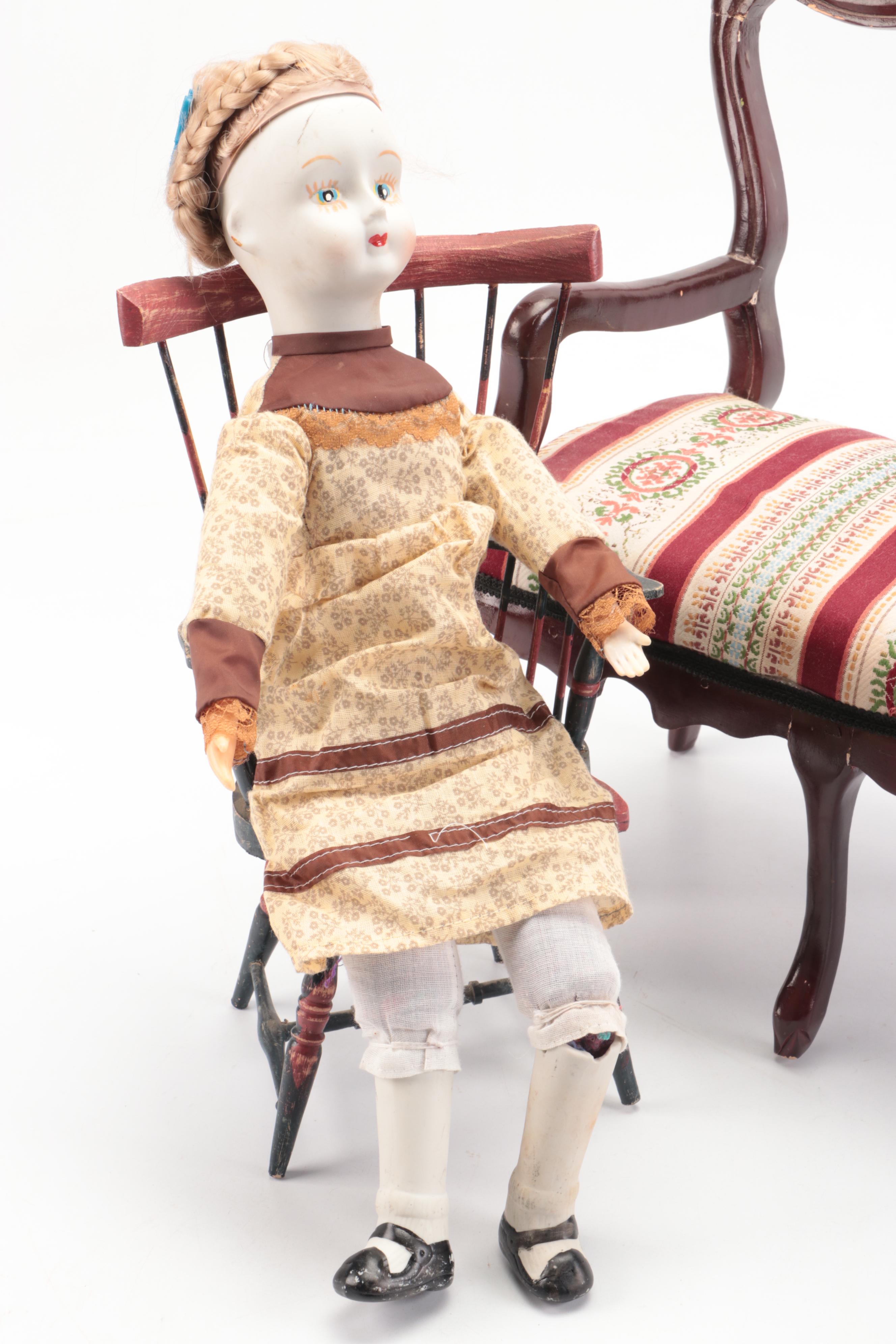 Vintage Walda Porcelain with Other Ceramic Dolls and Wooden Doll Furniture