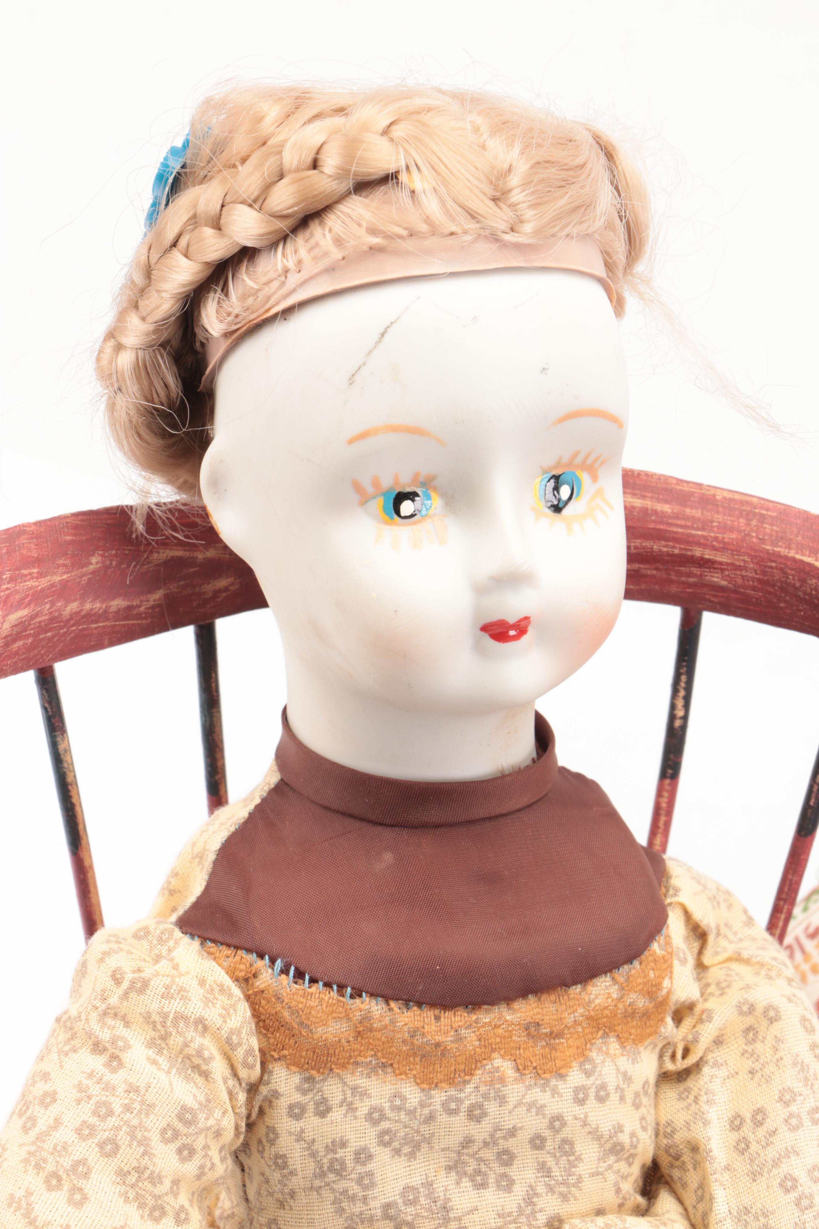 Vintage Walda Porcelain with Other Ceramic Dolls and Wooden Doll Furniture