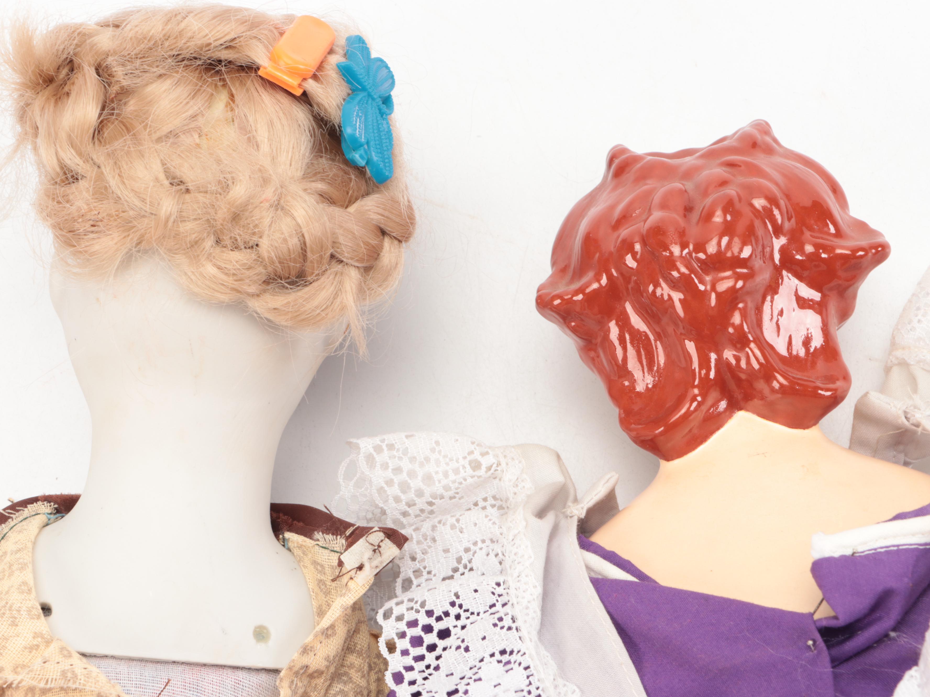 Vintage Walda Porcelain with Other Ceramic Dolls and Wooden Doll Furniture