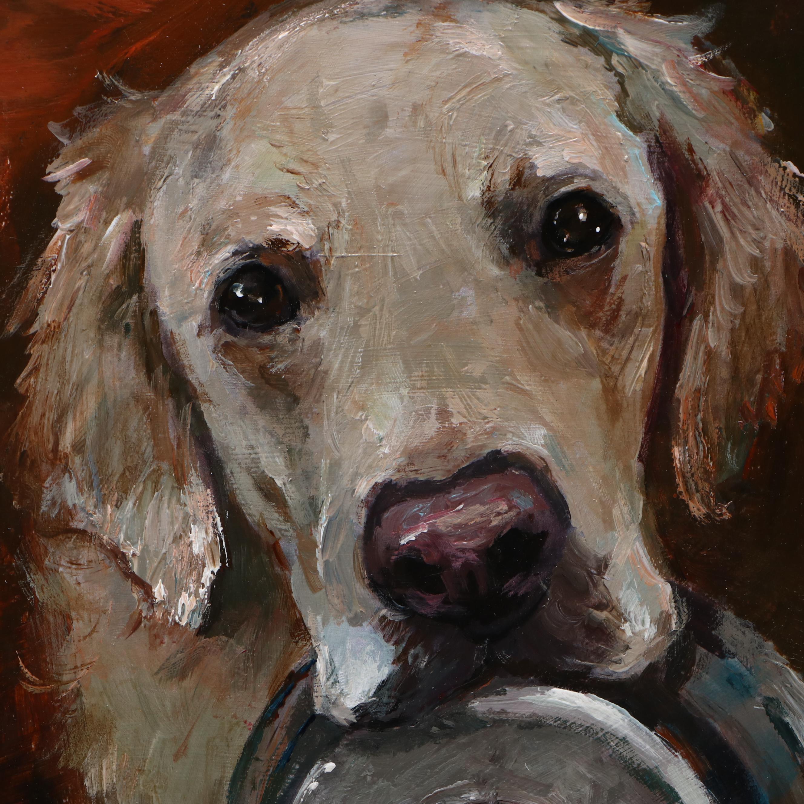 Adam Deda Oil Painting of Dog "My Bowl," 21st Century
