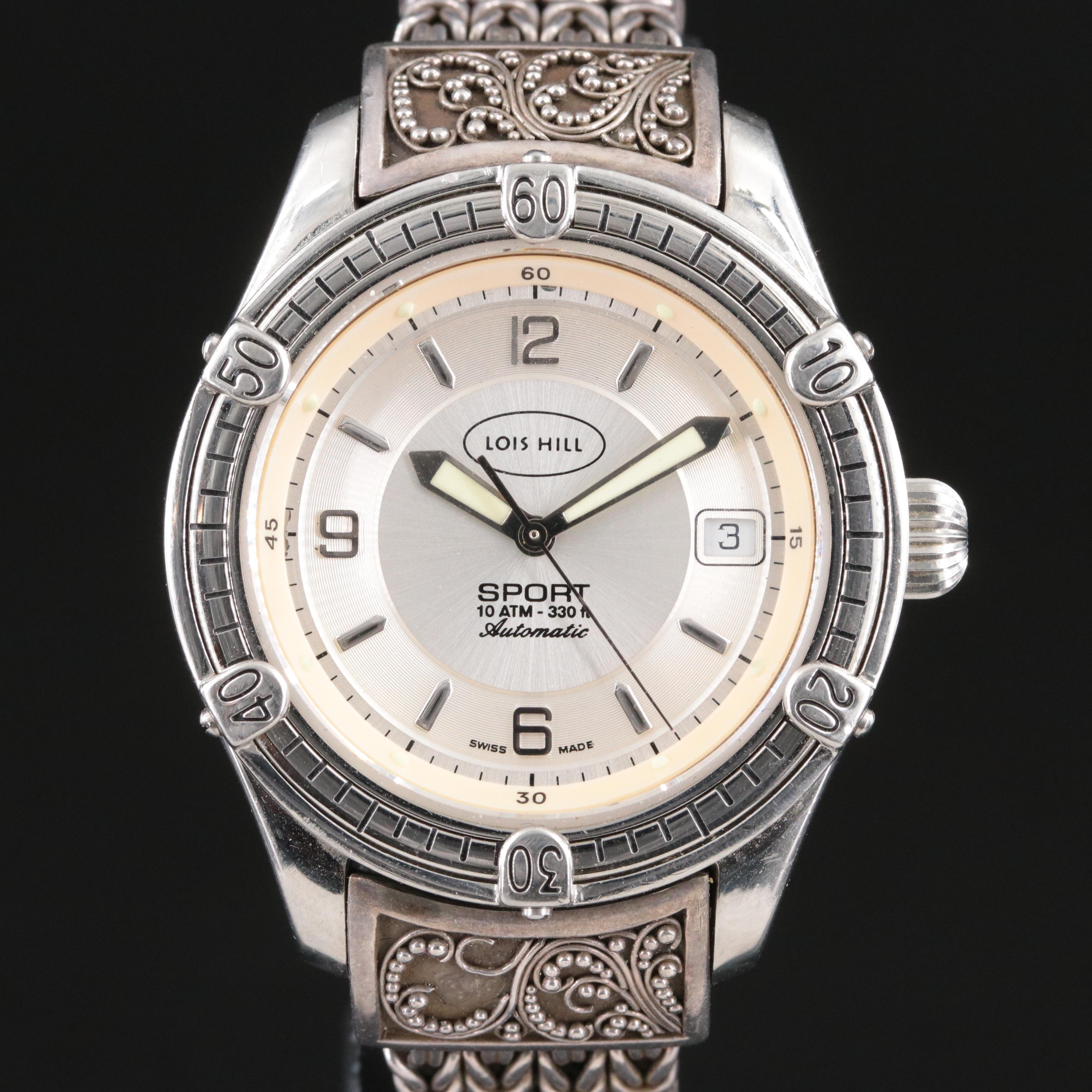 Lois Hill Sport Scroll Engraved Sterling and Stainless Steel Automatic Watch