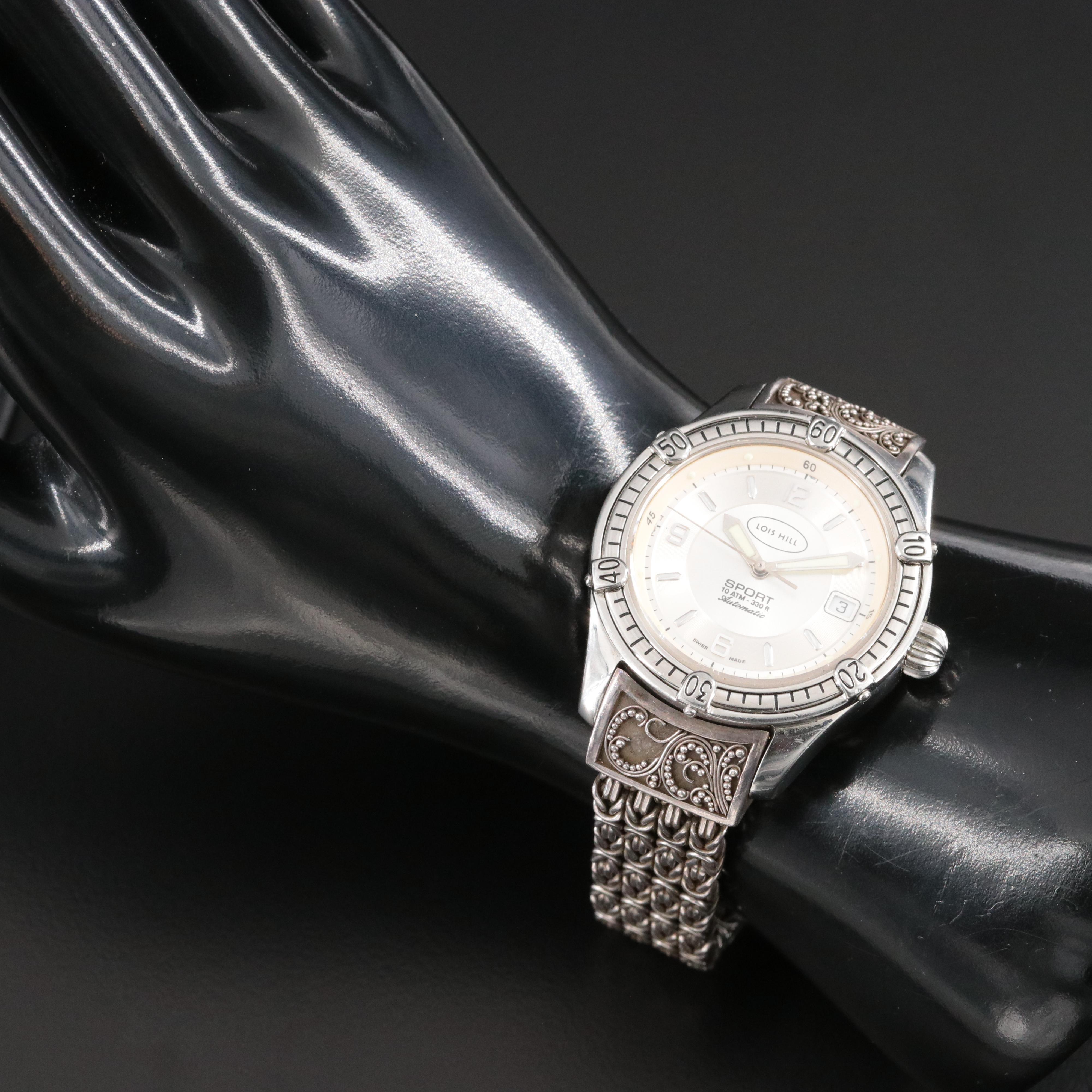 Lois Hill Sport Scroll Engraved Sterling and Stainless Steel Automatic Watch