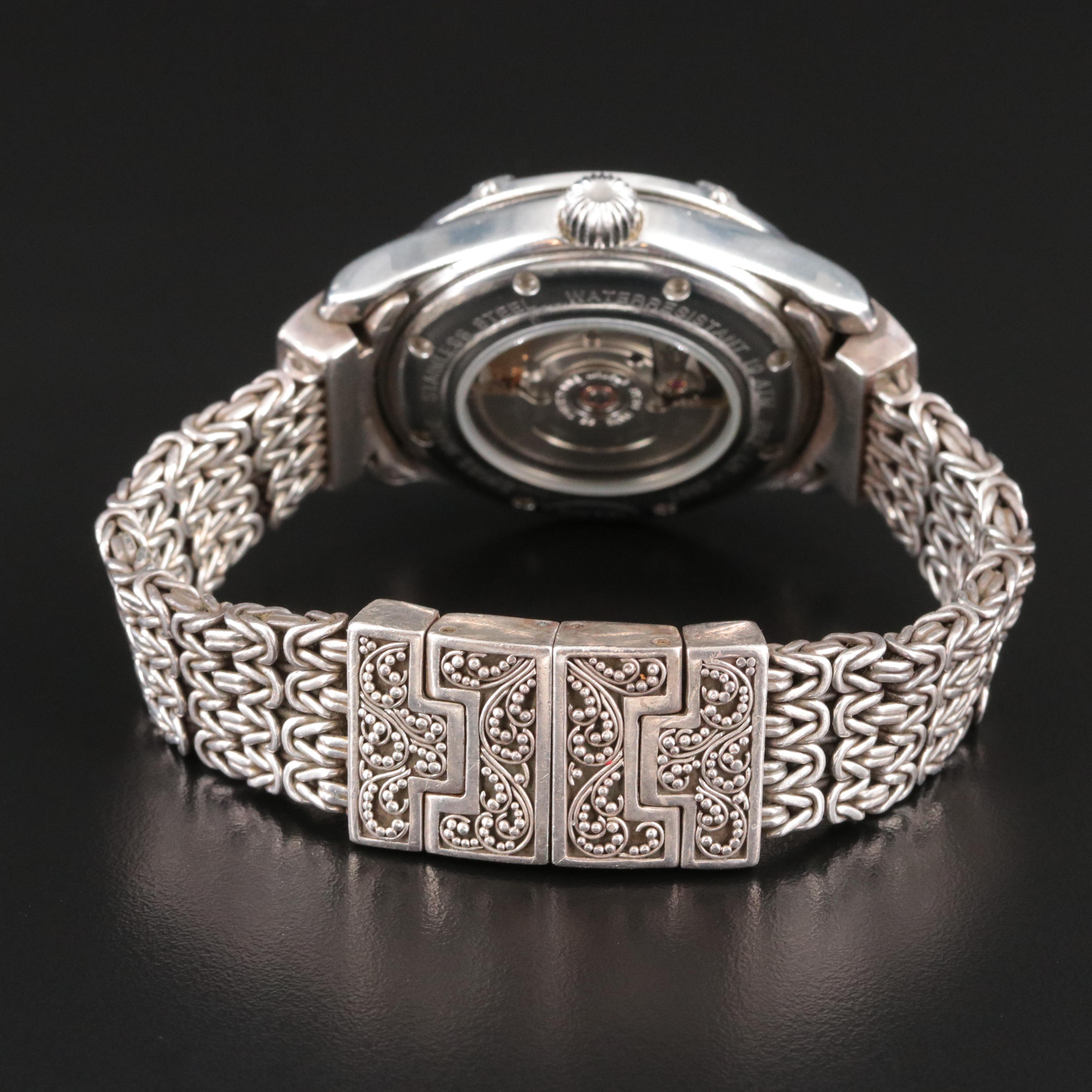 Lois Hill Sport Scroll Engraved Sterling and Stainless Steel Automatic Watch