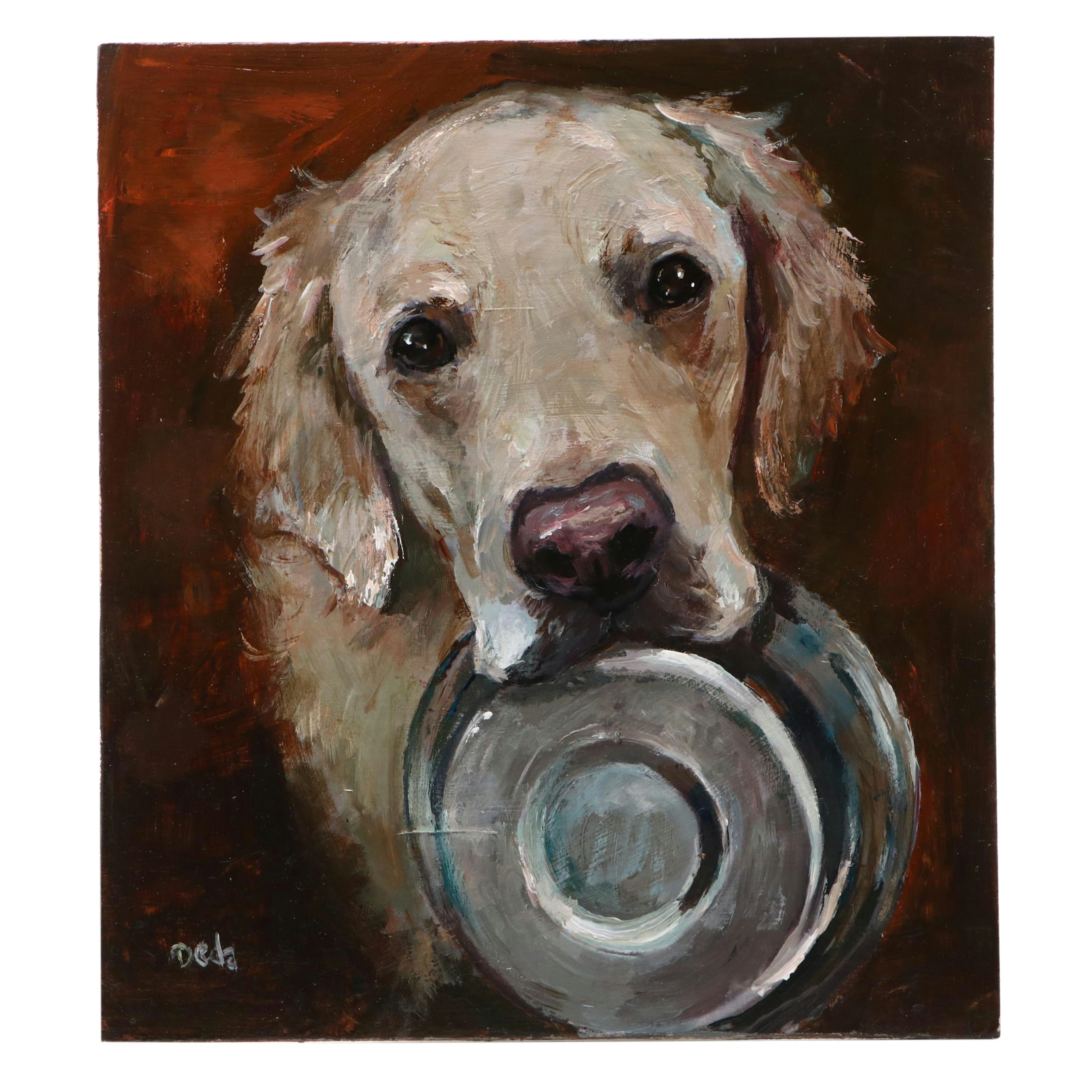 Adam Deda Oil Painting of Dog "My Bowl," 21st Century