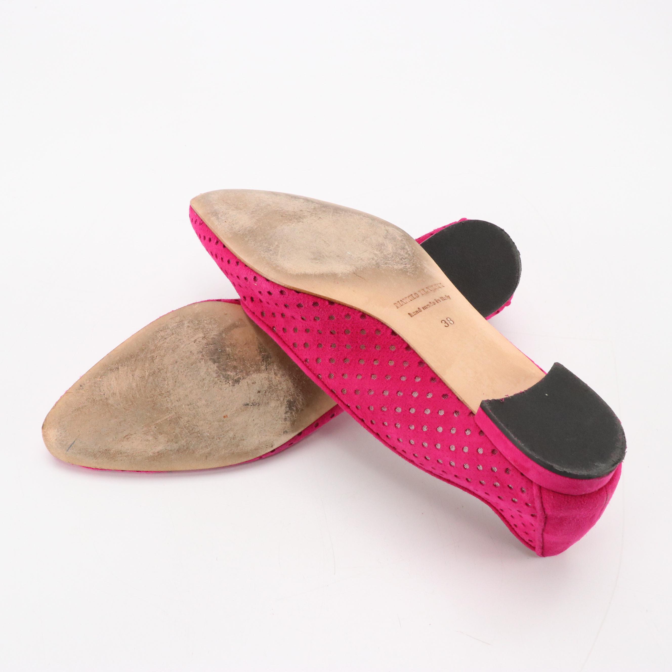 Manolo Blahnik Hot Pink Perforated Suede Loafers