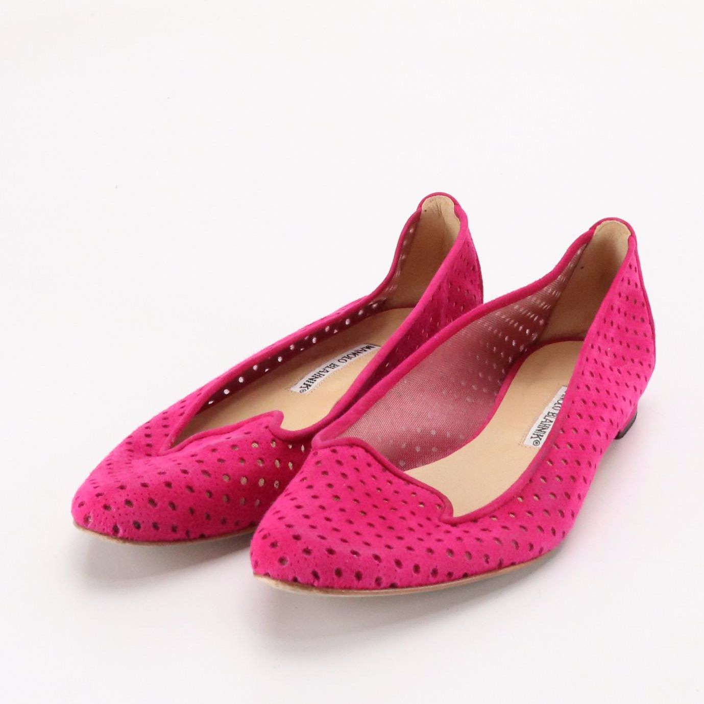 Manolo Blahnik Hot Pink Perforated Suede Loafers