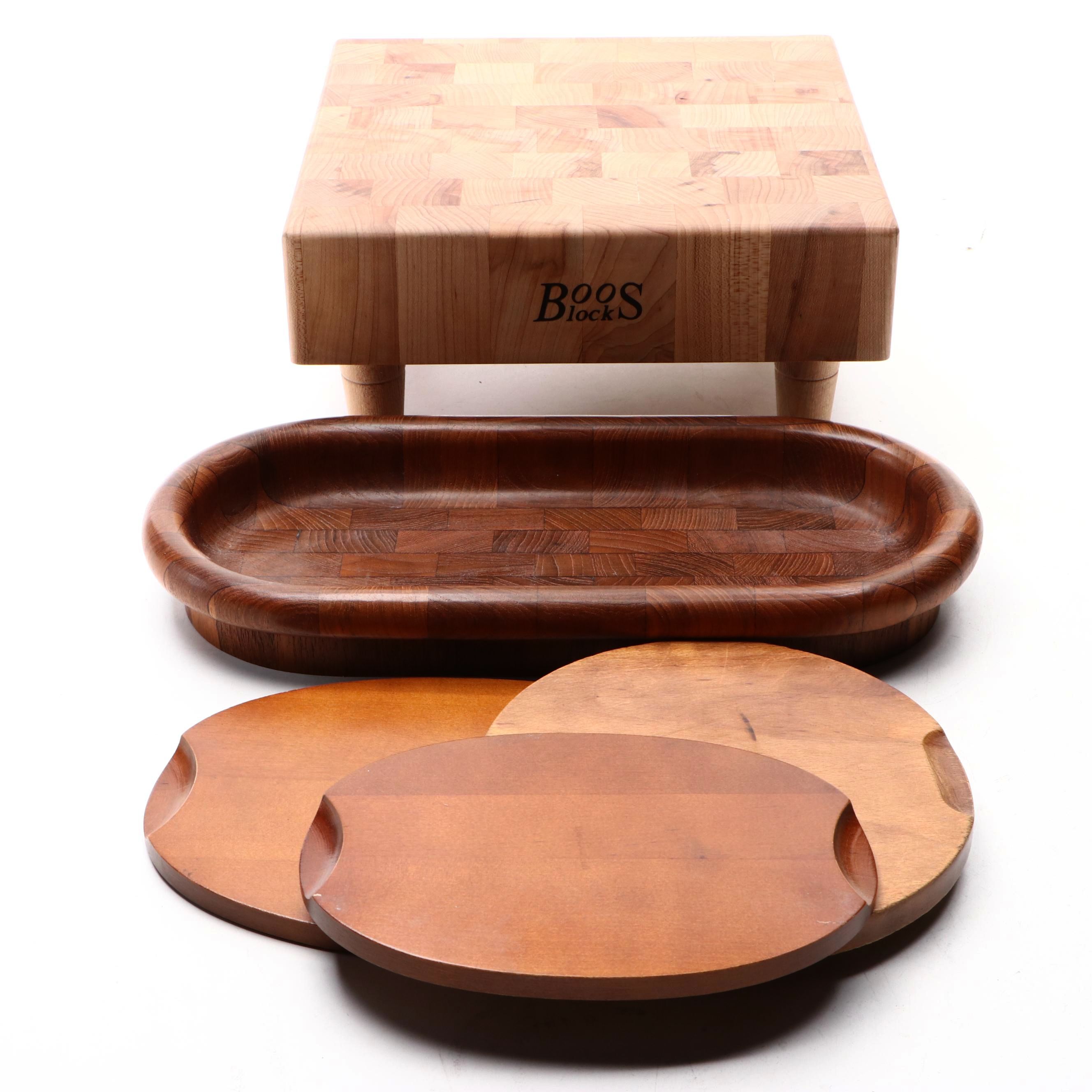 Boos Block, Siamese Teak with Other Handcrafted Wooden Serving Boards and Tray