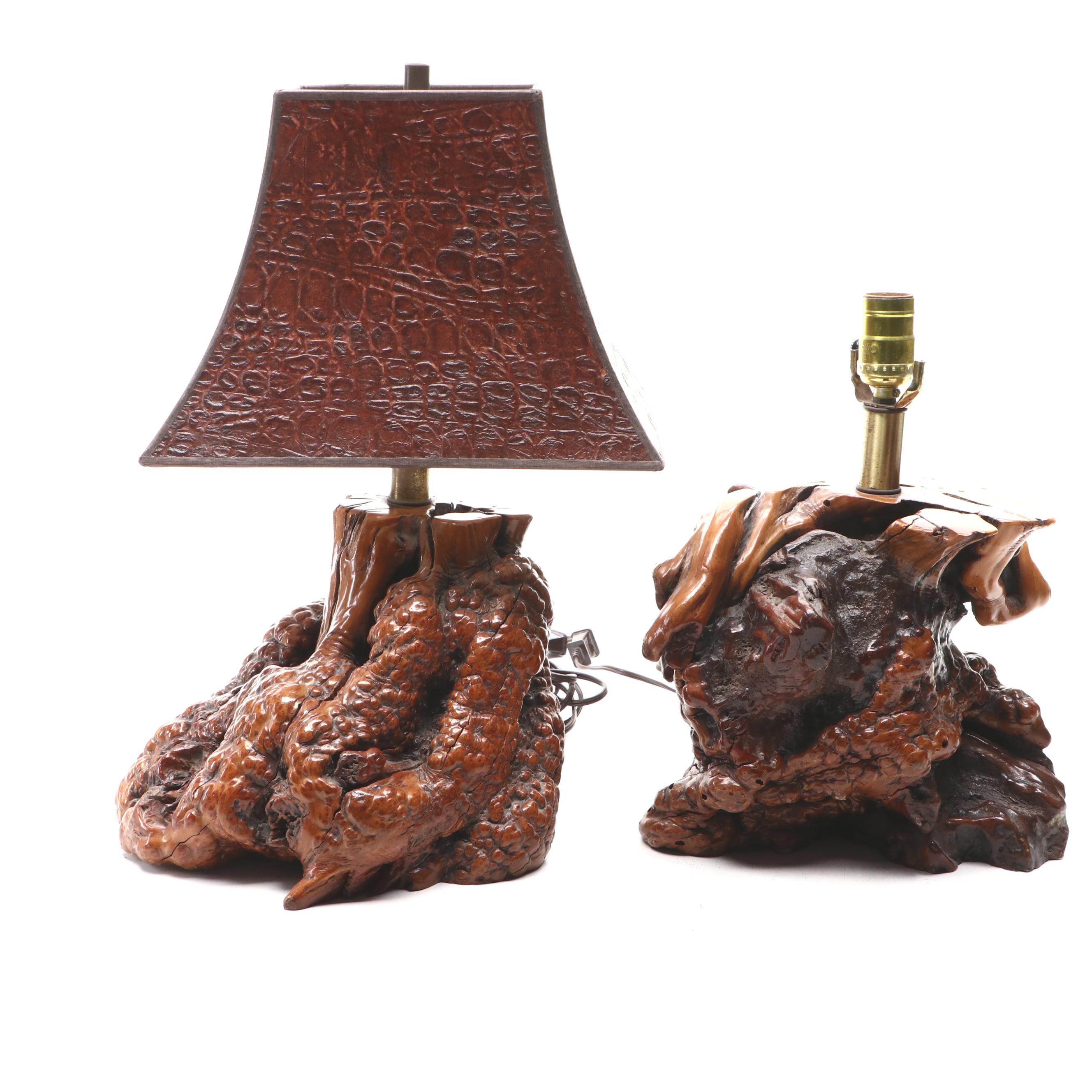 Burl Wood Table Lamps with Embossed Faux Leather Shade