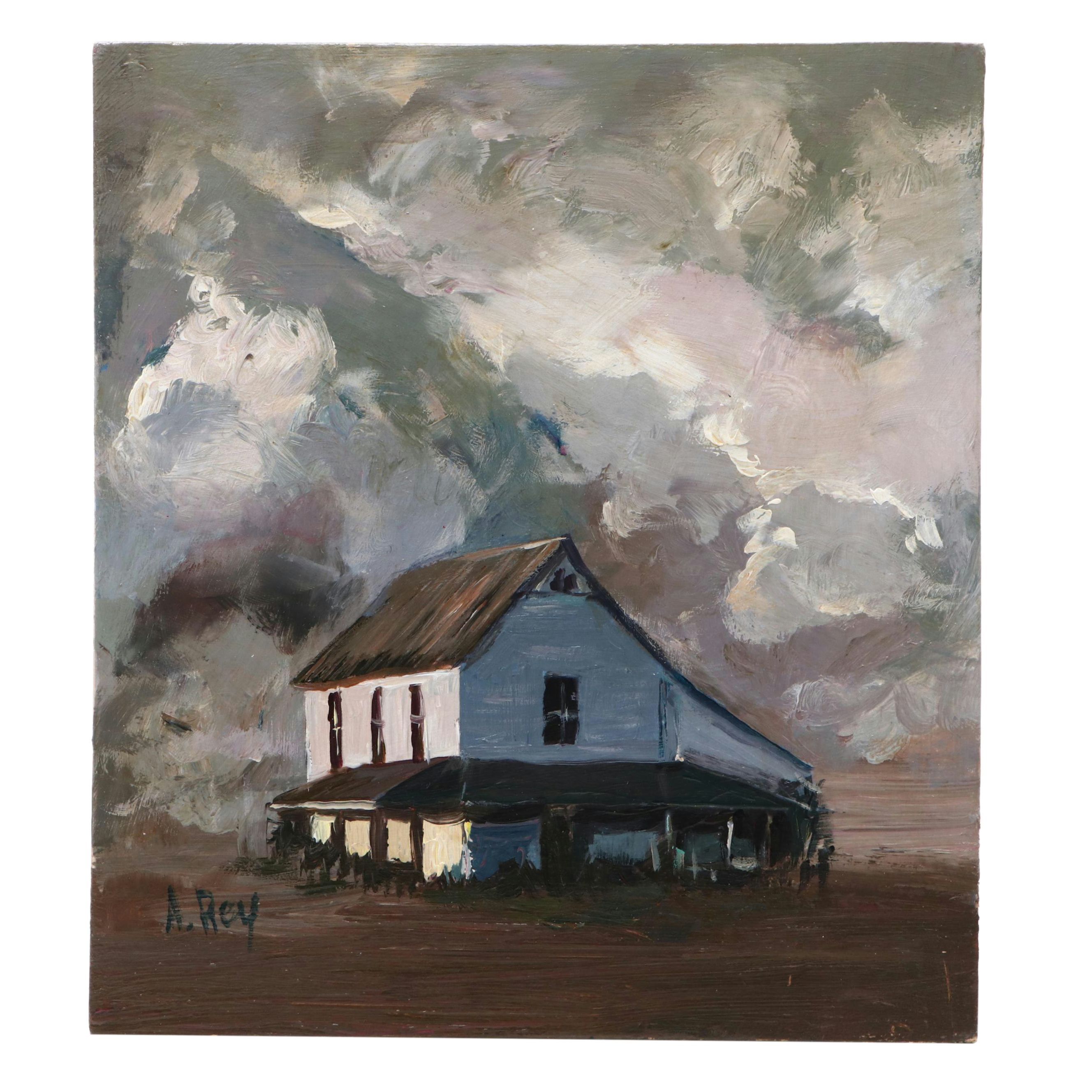 Agnes Rey Rural Landscape Oil Painting "Farm in the Clouds," 2025