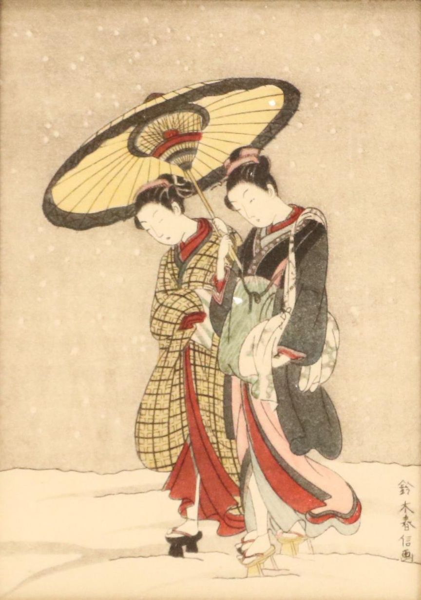 Color Lithograph After Suzuki Harunobu "Two Women in a Storm"