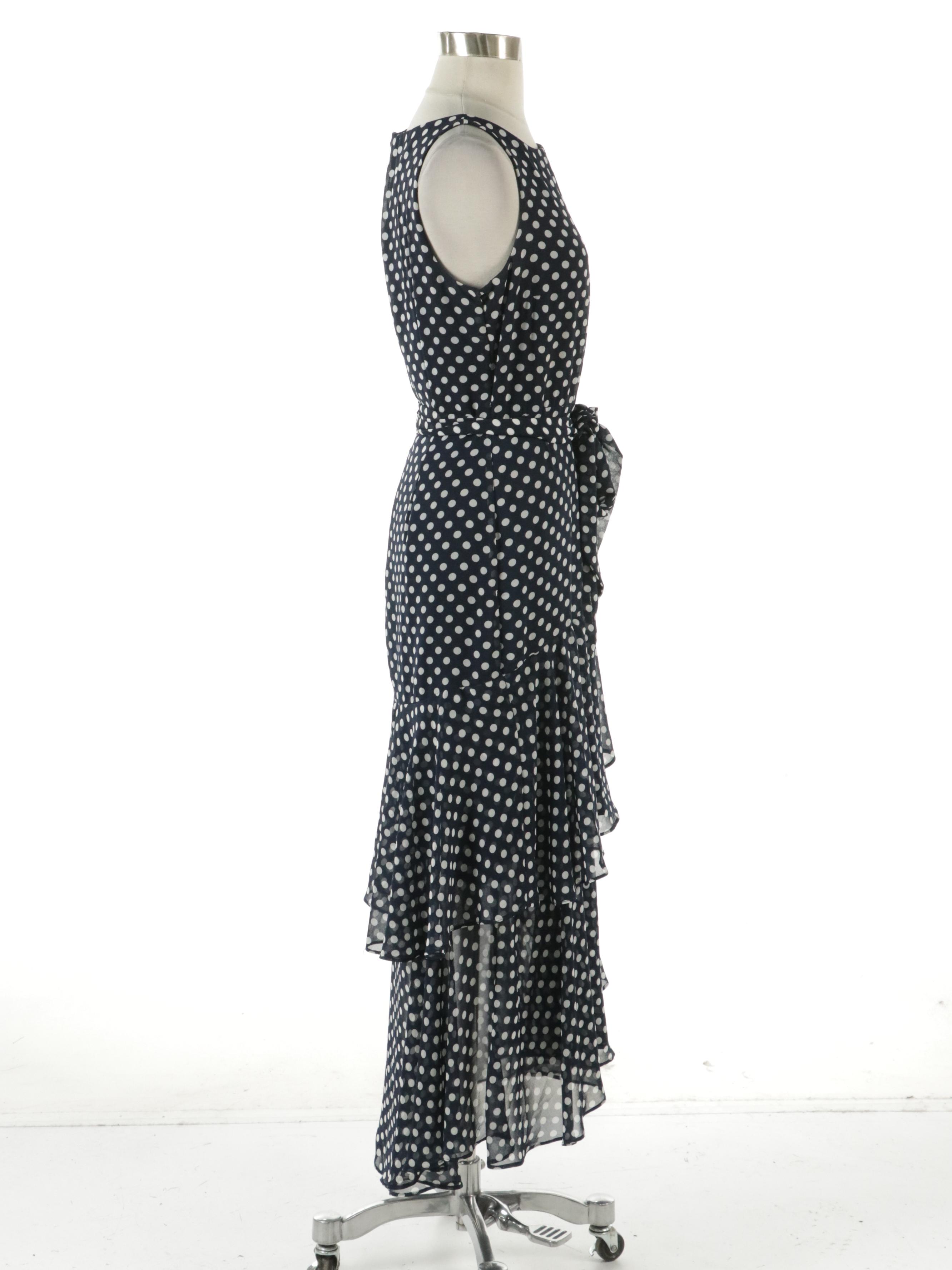 Karl Lagerfeld Polka Dot Tiered Sleeveless Dress with Tie Sash in Navy/White