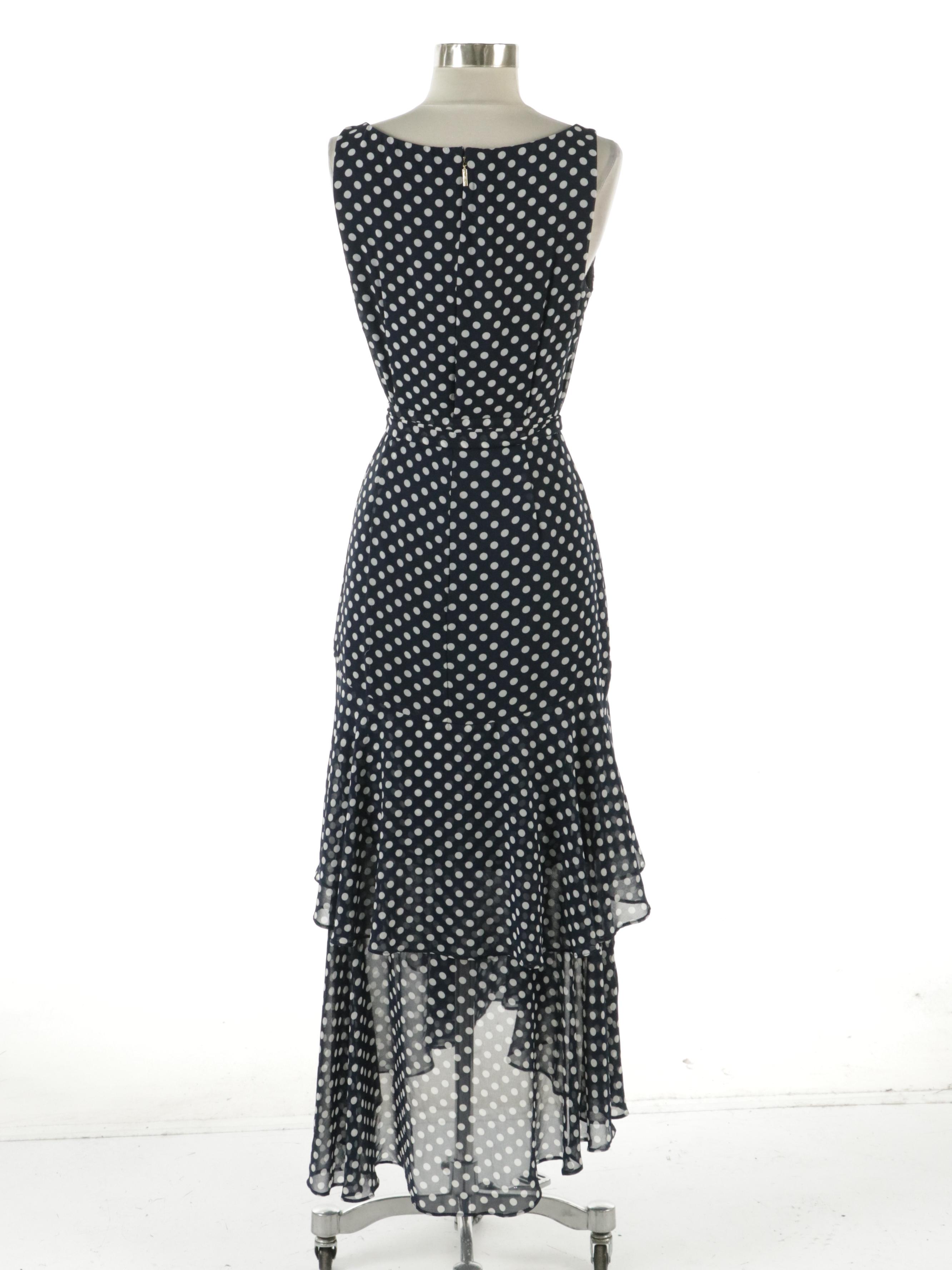 Karl Lagerfeld Polka Dot Tiered Sleeveless Dress with Tie Sash in Navy/White