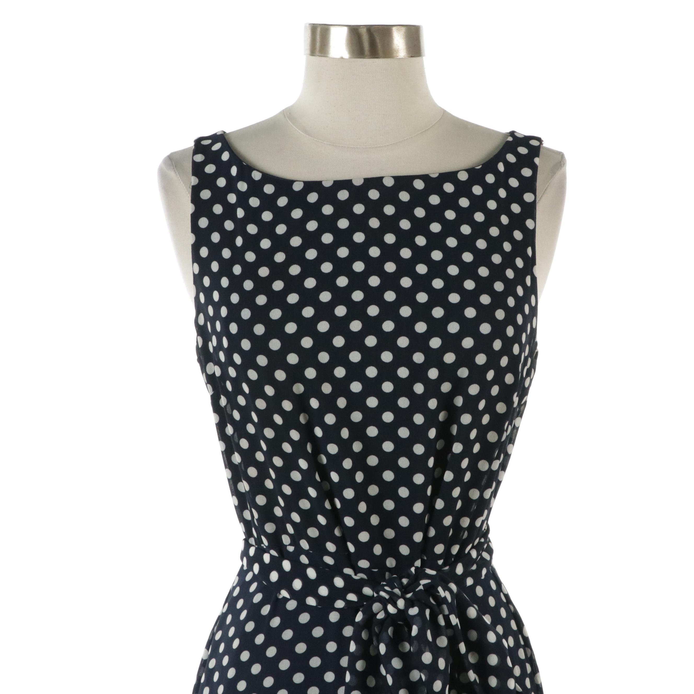 Karl Lagerfeld Polka Dot Tiered Sleeveless Dress with Tie Sash in Navy/White