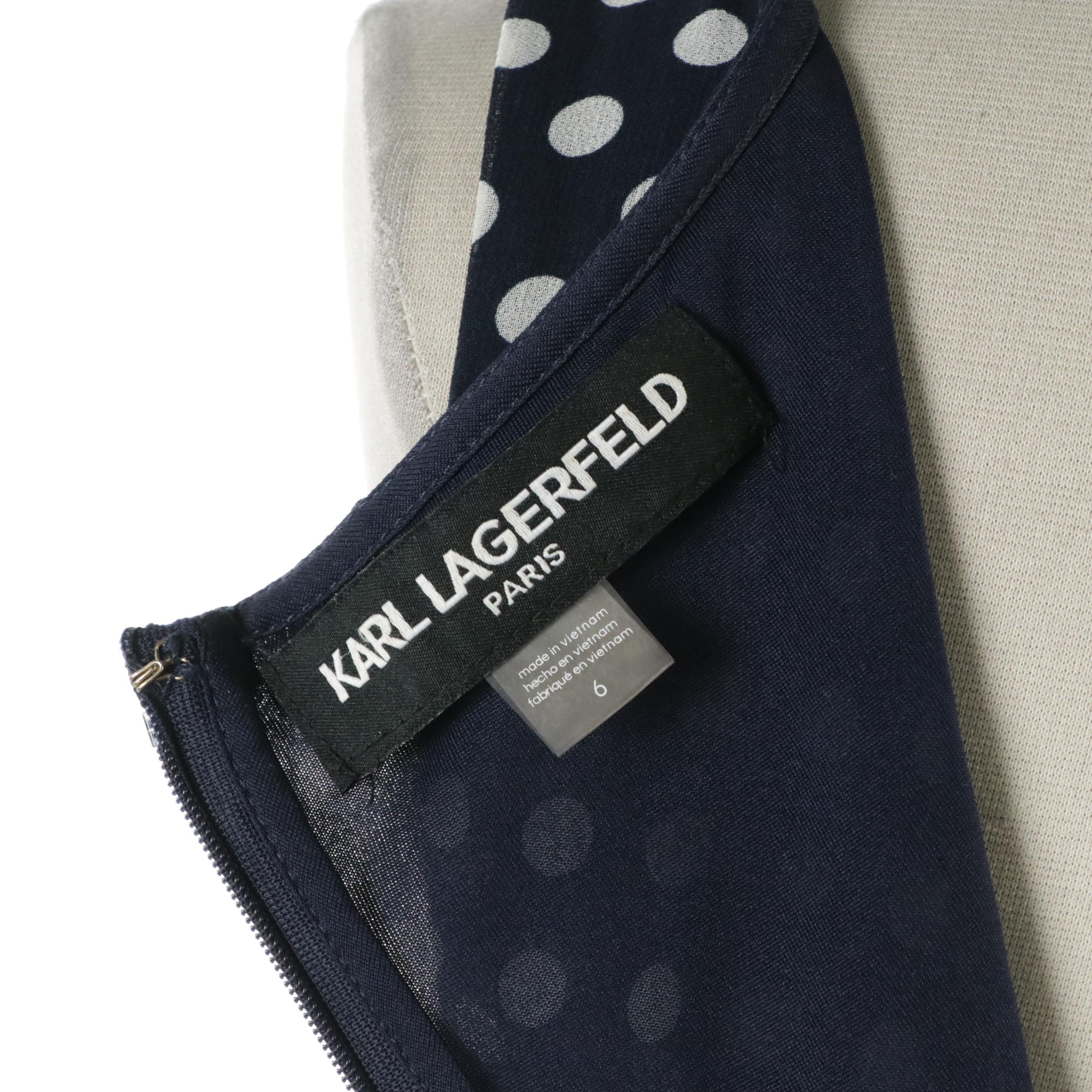 Karl Lagerfeld Polka Dot Tiered Sleeveless Dress with Tie Sash in Navy/White