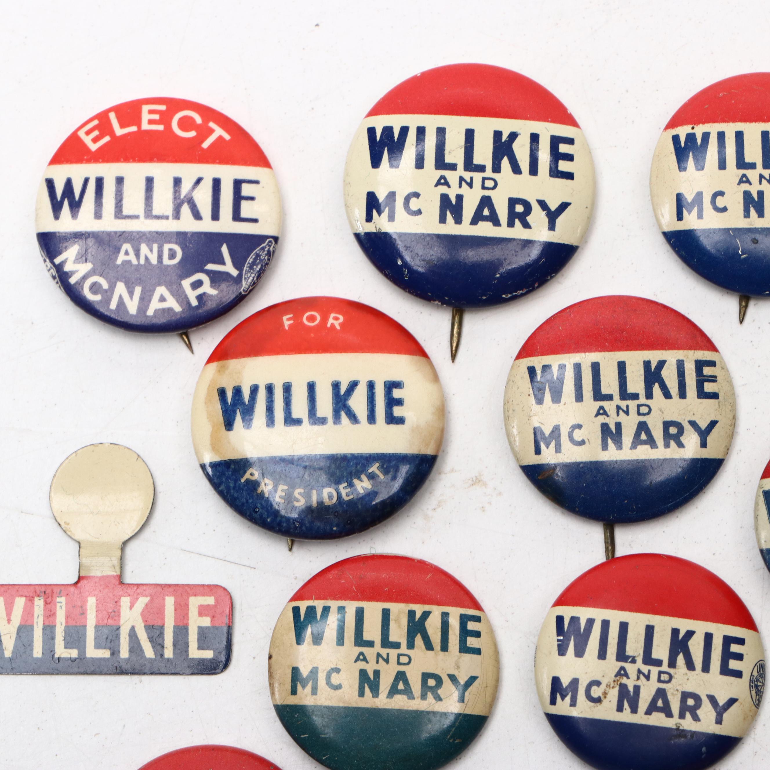 Wendell Willkie Political Campaign Buttons and Lapel Pin, 1940