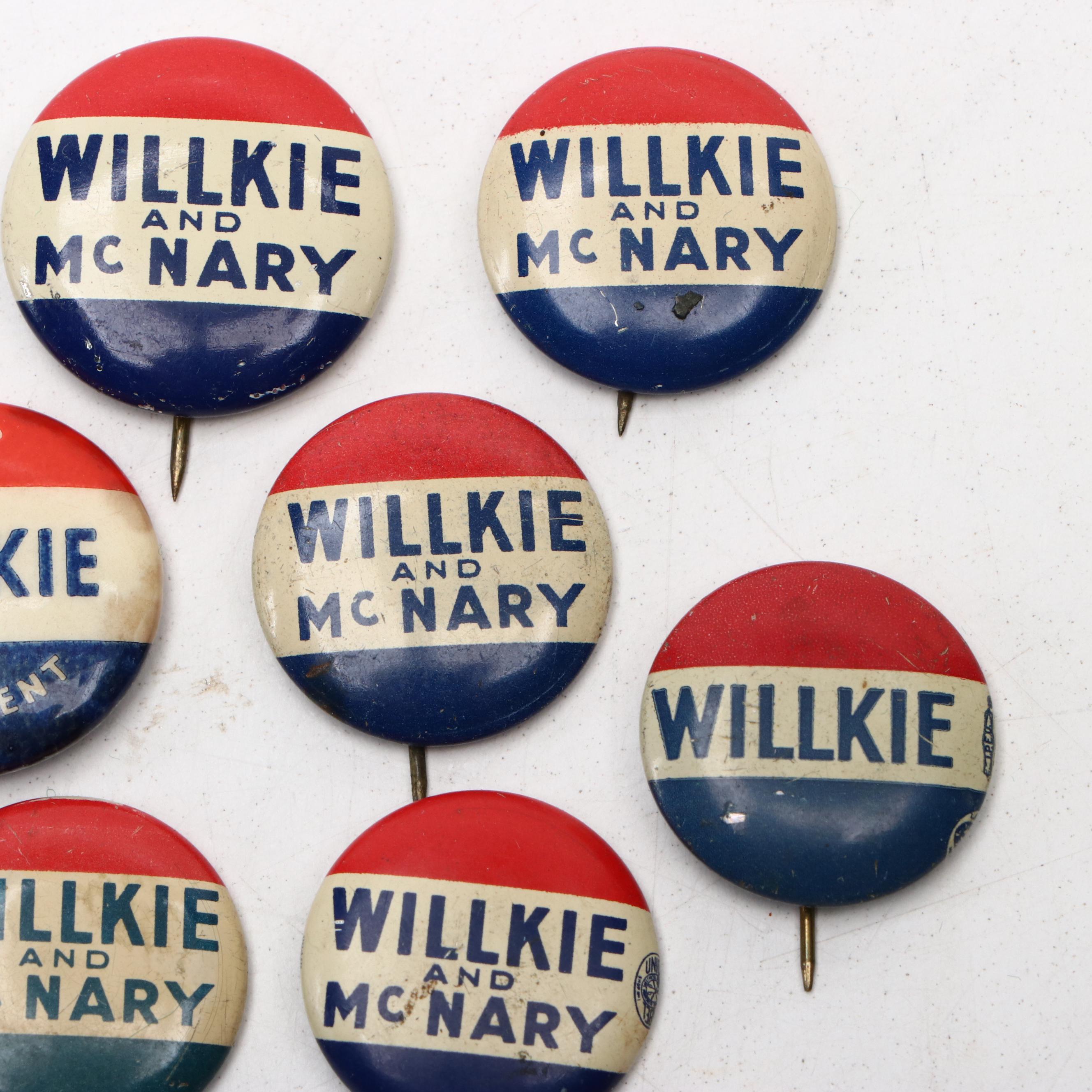 Wendell Willkie Political Campaign Buttons and Lapel Pin, 1940