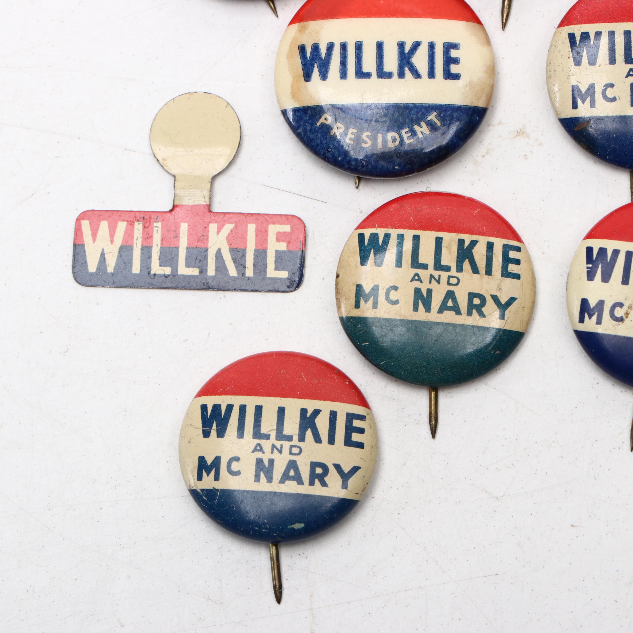 Wendell Willkie Political Campaign Buttons and Lapel Pin, 1940